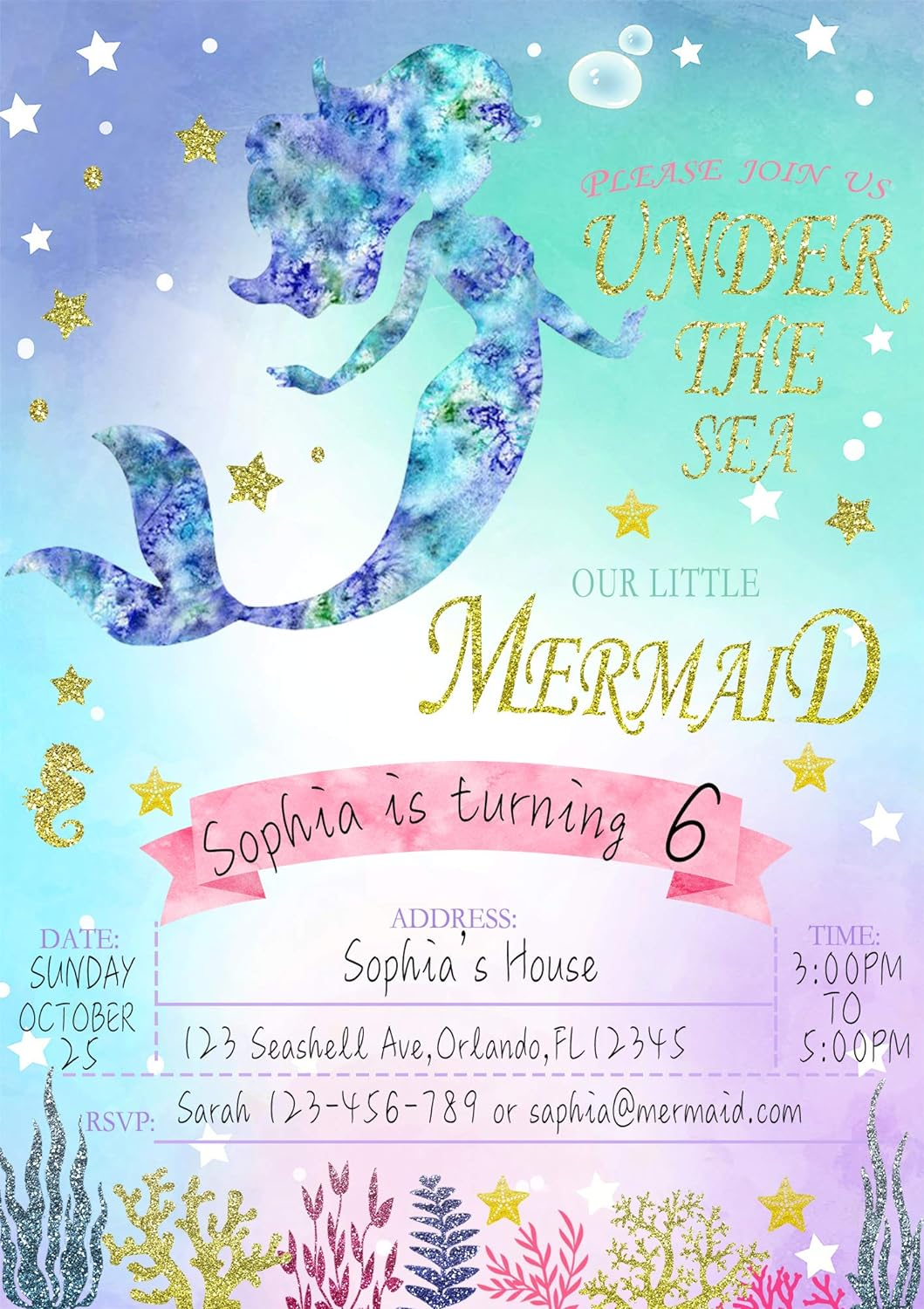 Mermaid Invitations with Envelopes,Magical Glitter Mermaid Party Invitations,20 Fill in Mermaid Birthday Invitation under the Sea Invitations image number 1