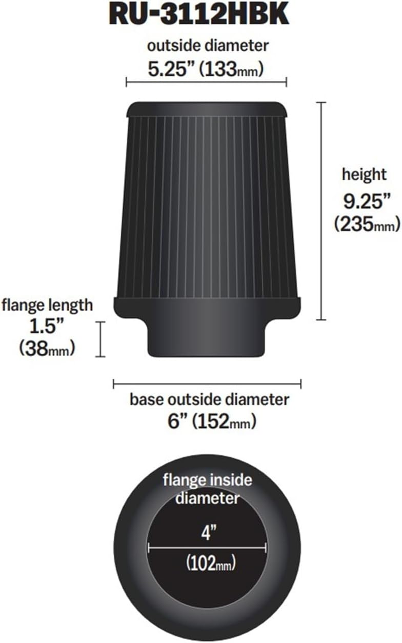 K&N RU-3112HBK Universal Clamp-On Air Filter - Black image number 3