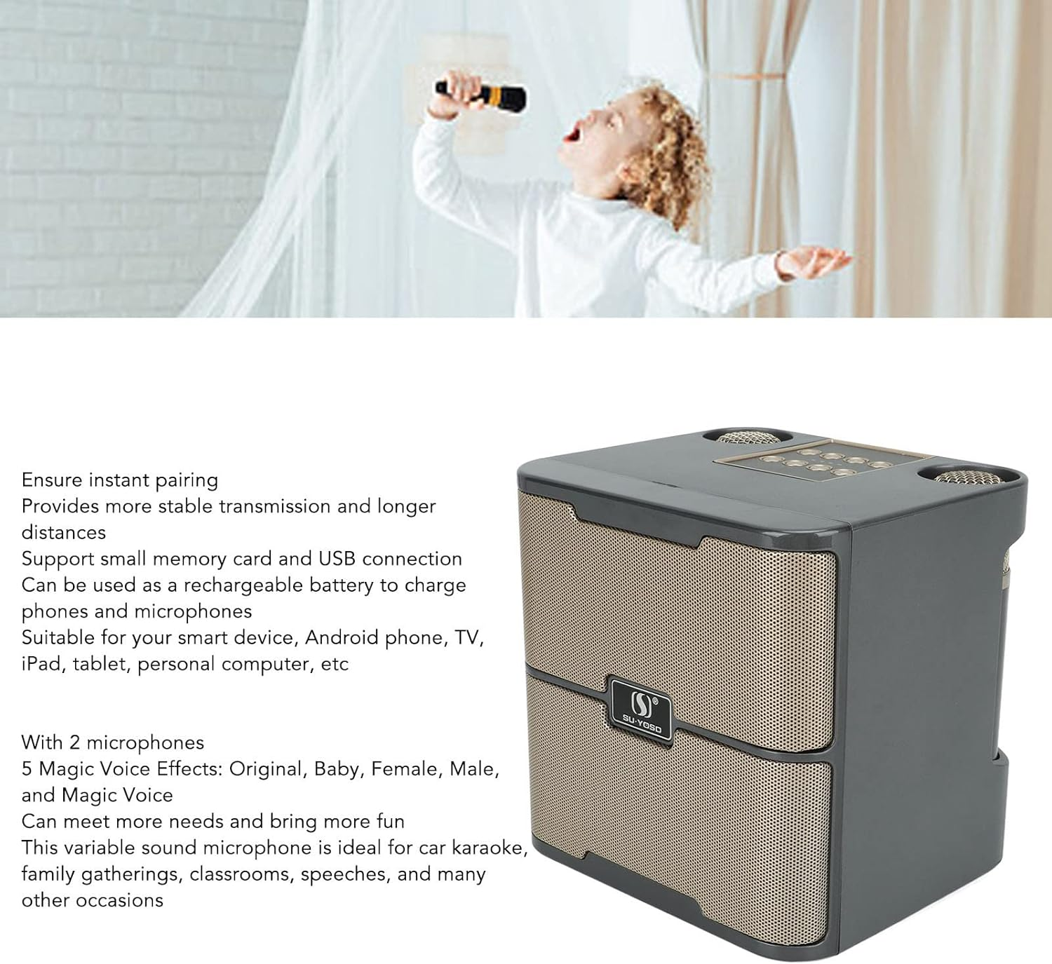 Karaoke Machine with 2 Wireless Microphones, Portable Speaker PA System, Supports TF USB, Sound Stereo Singing Machine for Home Meeting Party image number 3