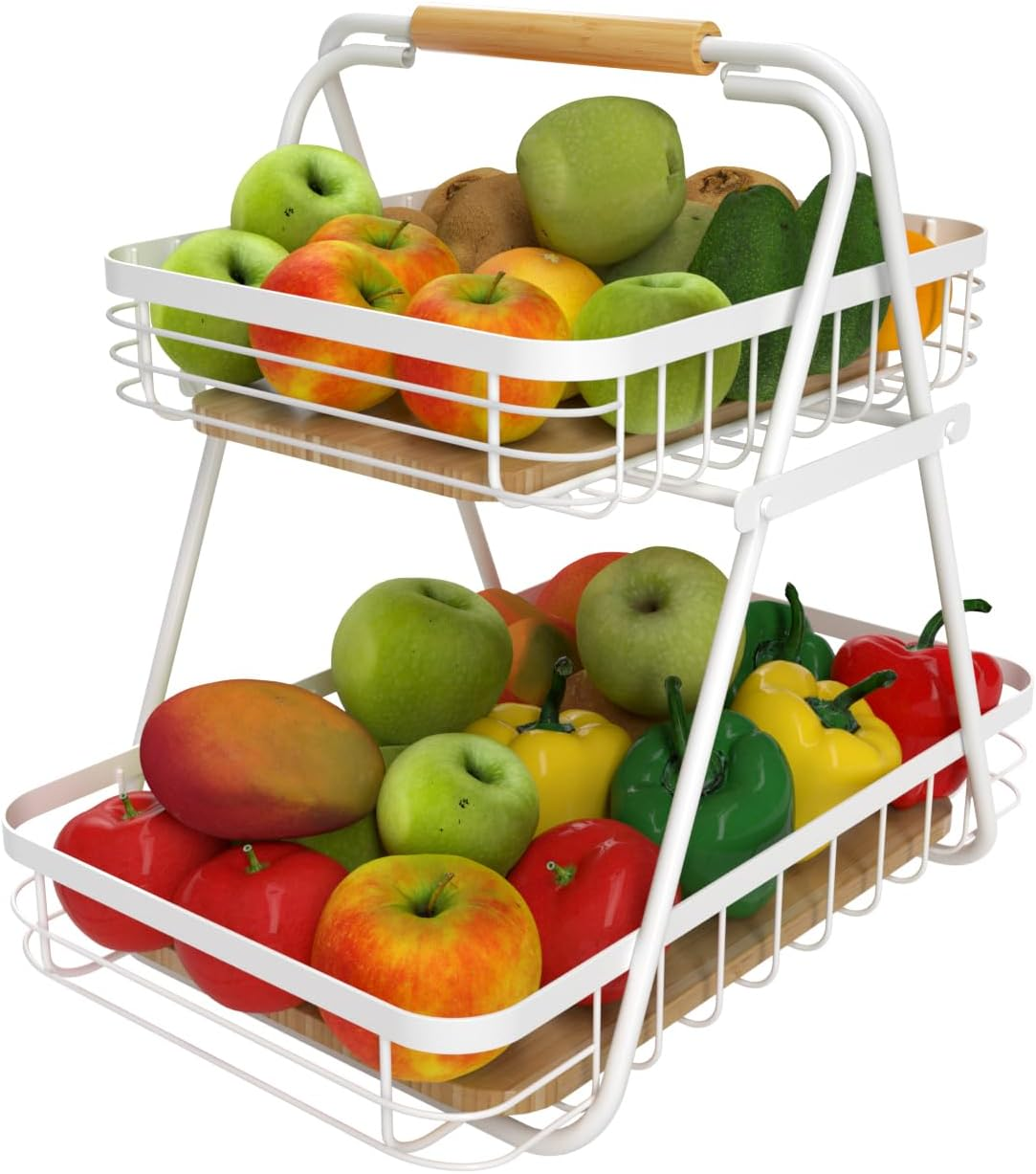KKC White 2 Tier Fruit Basket for Kitchen, Countertop Fruit Vegetable Basket Bowl for Kitchen Counter Metal Wire Storage Basket Fruits Stand Holder Organizer for Bread Snack Veggies Storage image number 2