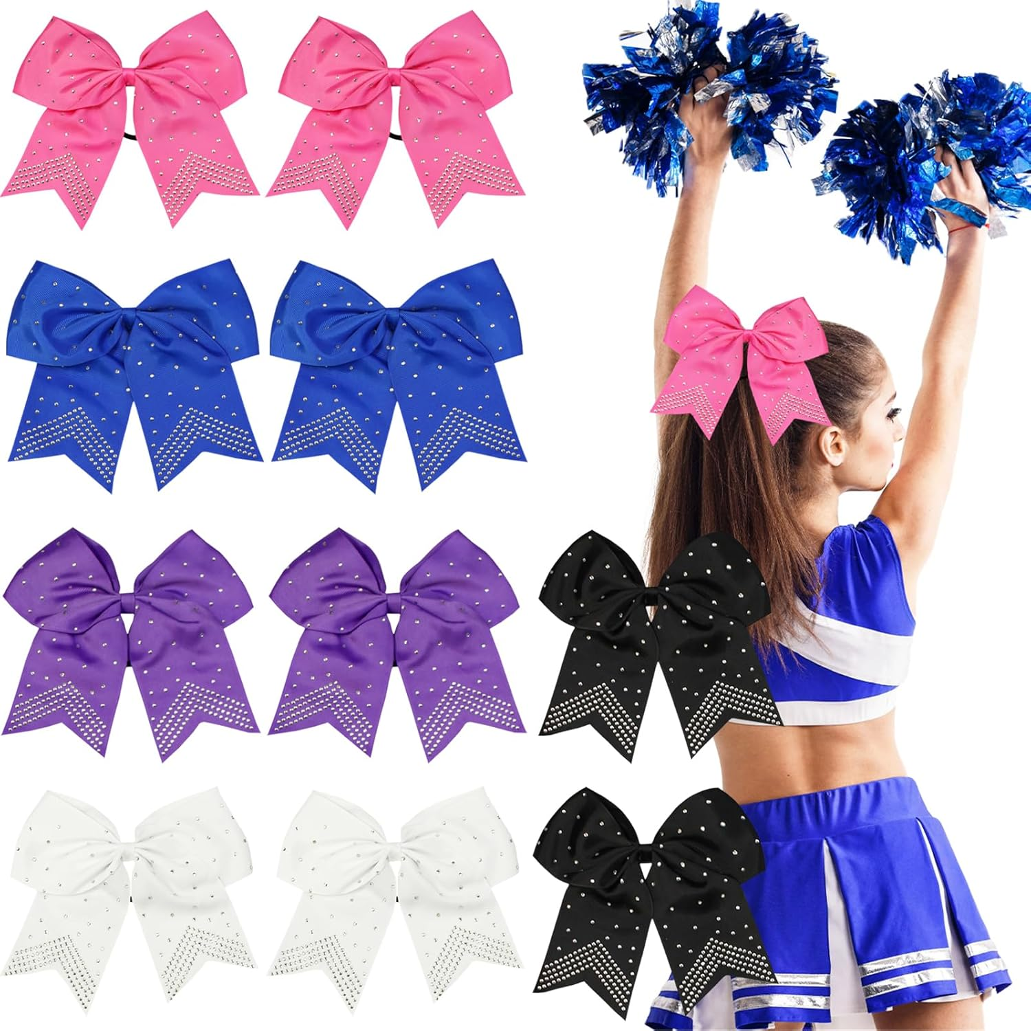 10PCS Glitter Large Cheer Hair Bows, 8Inch Large Jumbo Cheer Bow with Ponytail Holder for Teen Girls Softball Cheerleader (Random Color) image number 5