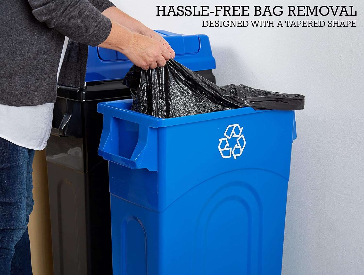 United Solutions Highboy Recycling Bin with Swing Lid, 23 Gallon, Space Saving Slim Profile and Easy Bag Removal, Handles for Easy Carrying, Indoor/Outdoor Use, Recycle Blue image number 2