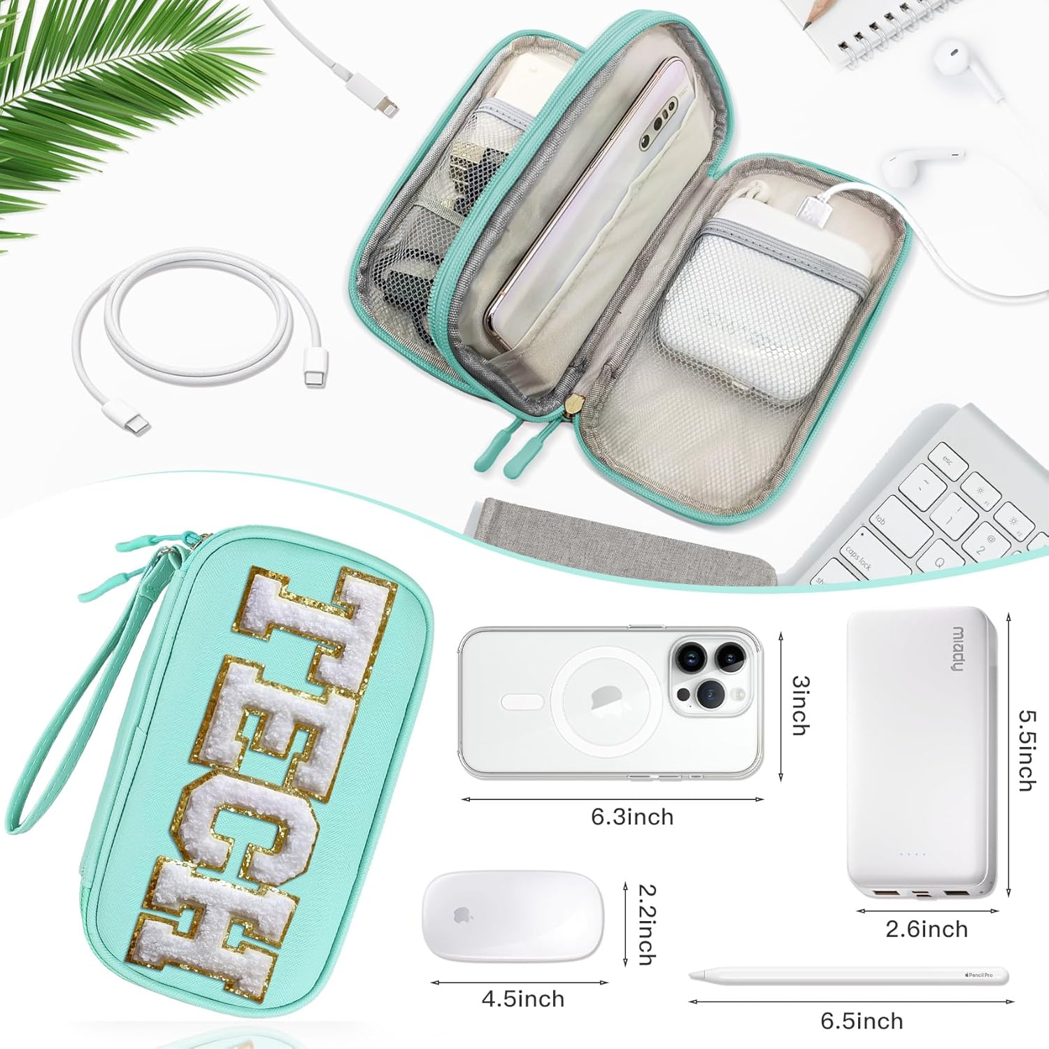 COSHAYSOO Electronics Organizer Bag Travel with Chenille Letter Patch TECH Traveling Must Have Accessories Cute Personalized Gift for Women Cable Cord Charger Storage Pouch (Greenish Blue) image number 2