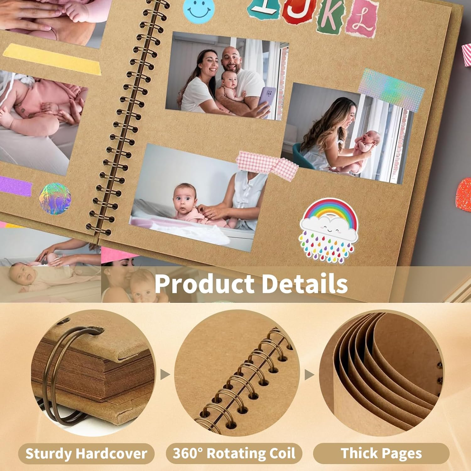 18X18Cm Scrapbook Album DIY Hardcover Kraft Paper Memory Book, 20 Sheets/40 Pages for Photos, Wedding, Family, Travel, Friends, Craft Blank Journal for Creative Projects, Art, Keepsakes (White) image number 2