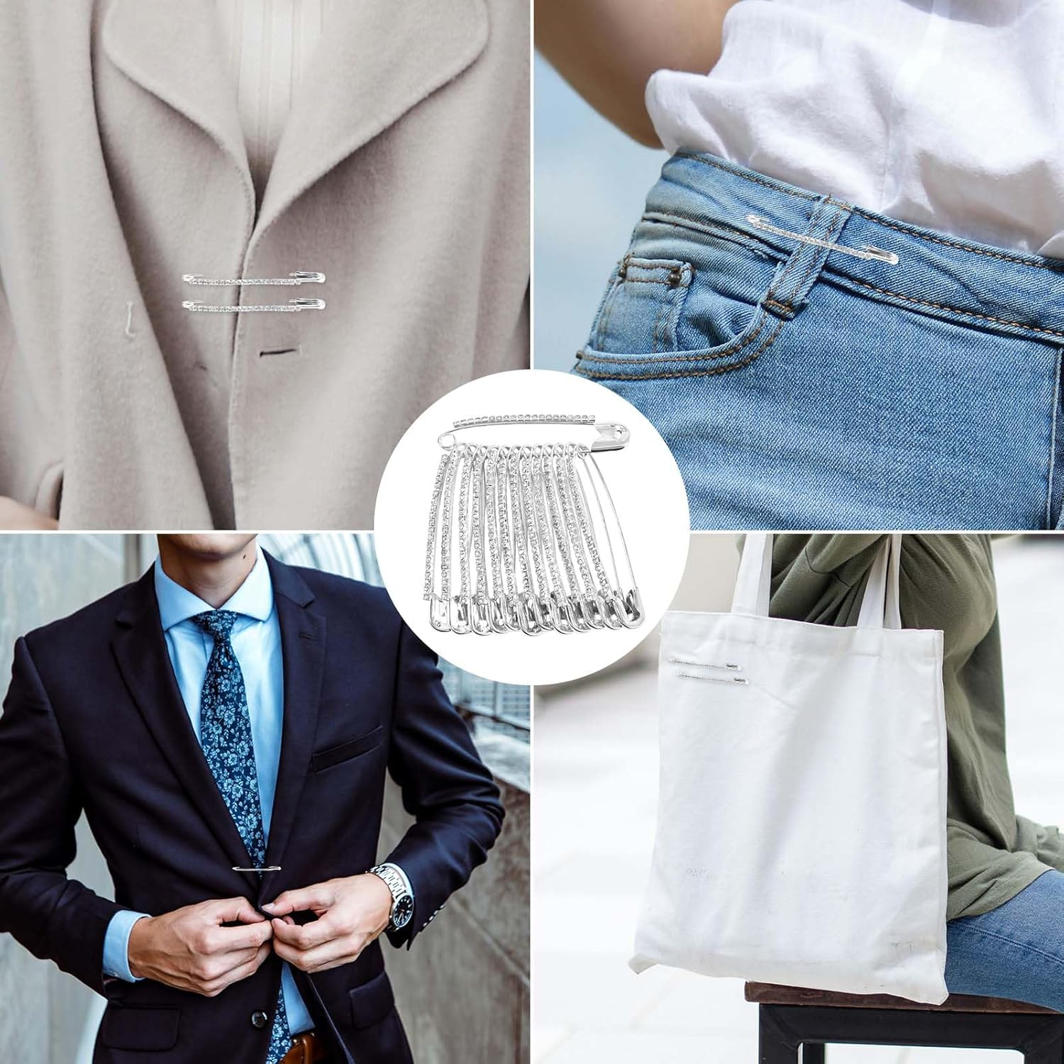 26Pcs Rhinestone Safety Pins, Basting Pins for Quilting Sewing Safety Pins Quilting Basting Pins Curved Basting Pins Curved Safety Pins for Women Skirts Sweater Scarf (Silver)