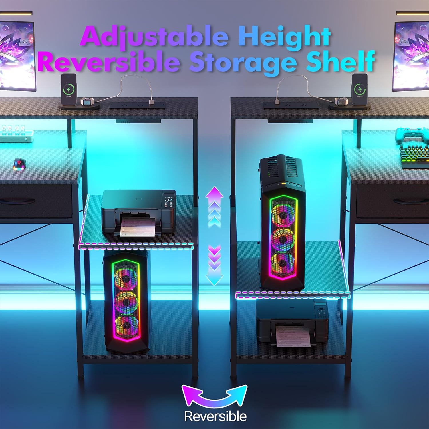 Advwin 120Cm Gaming Desk with LED Lights & Power Outlets Reversible Printer Storage Shelf Computer Desk with Drawers & Headphone Hook Black image number 1