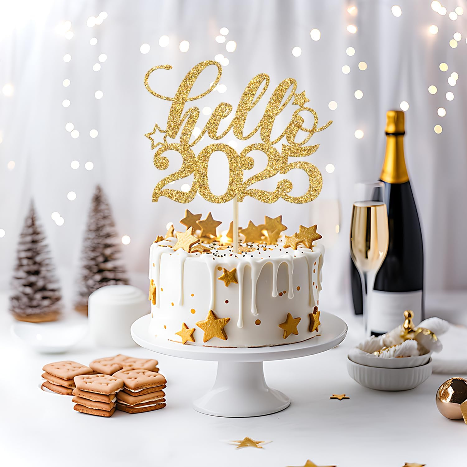 Hello 2025 Cake Topper, Happy 2025 Party Decor, Happy New Year Cake Decorations, 2025 New Years Eve Party Decorations Supplies, Gold Glitter image number 2
