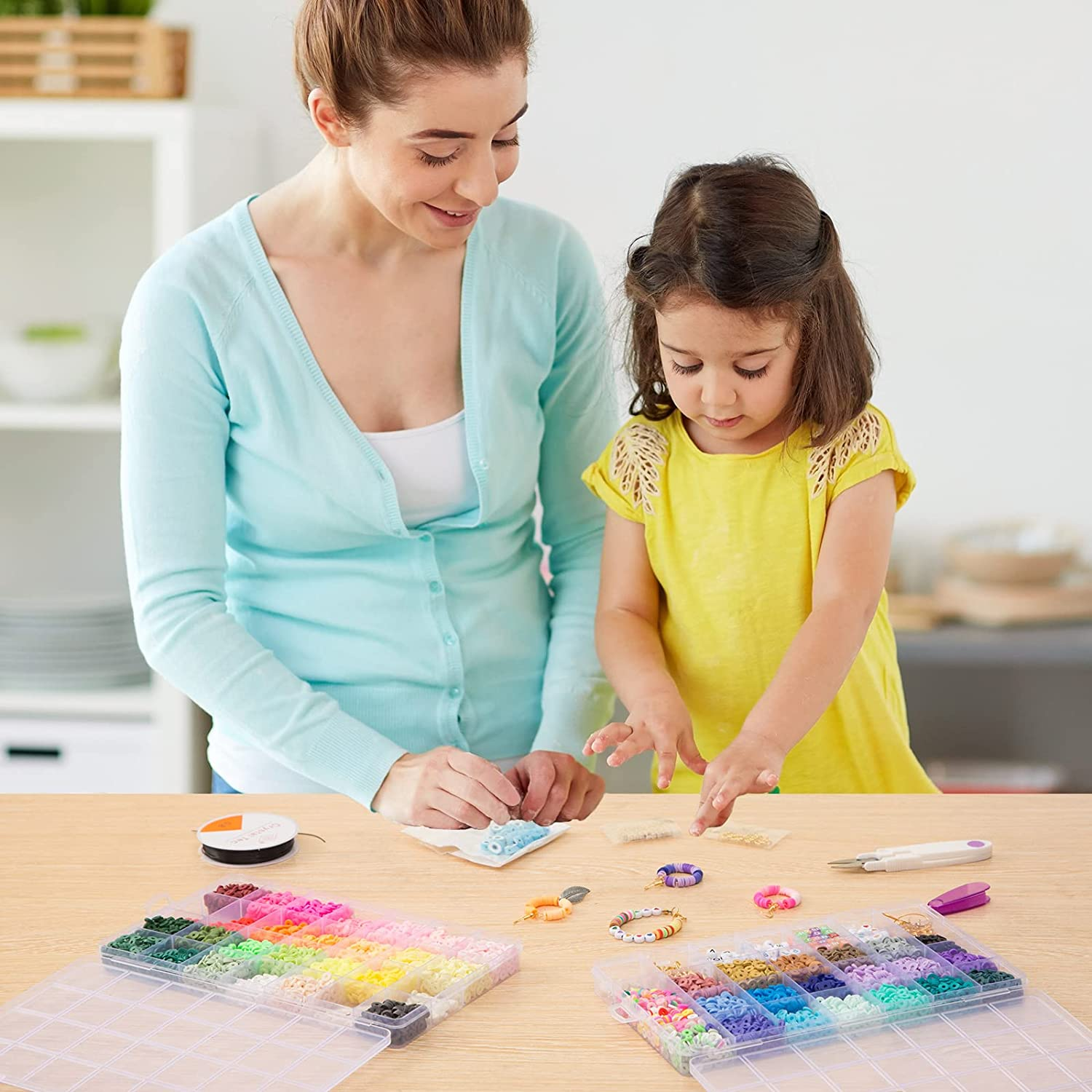 15000 Clay Beads for Jewelry Bracelet Necklace Making Kit, Flat round Polymer Clay Beads with Elastic Strings Pendant Charms Kit image number 5