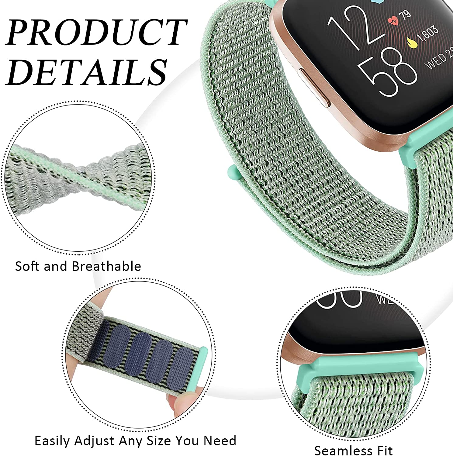 3 Pack Nylon Bands Compatible with Fitbit Versa 2 / Fitbit Versa/Versa Lite/Versa SE, Soft Breathable Sport Replacement Wristbands for Fitbit Versa Smart Watch image number 2