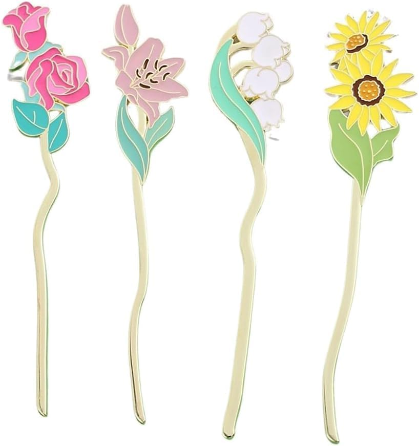 4Pcs Metal Flowers Bookmarks - Page Holders with Flower Pendant for Reading Lovers image number 5