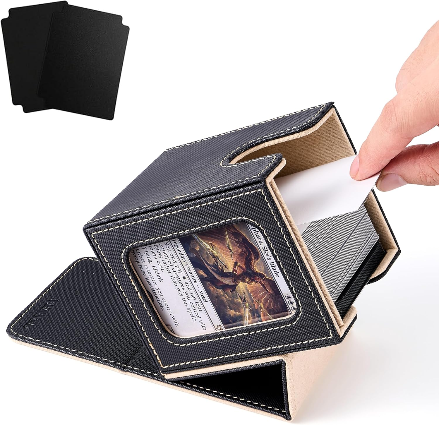 Venssu MTG Deck Box for Commander Display,Card Deck Box Fits 100 Double Sleeved Cards, TCG Card Storage Box with 2 Dividers and 1 Toploader (Black＆Blue)