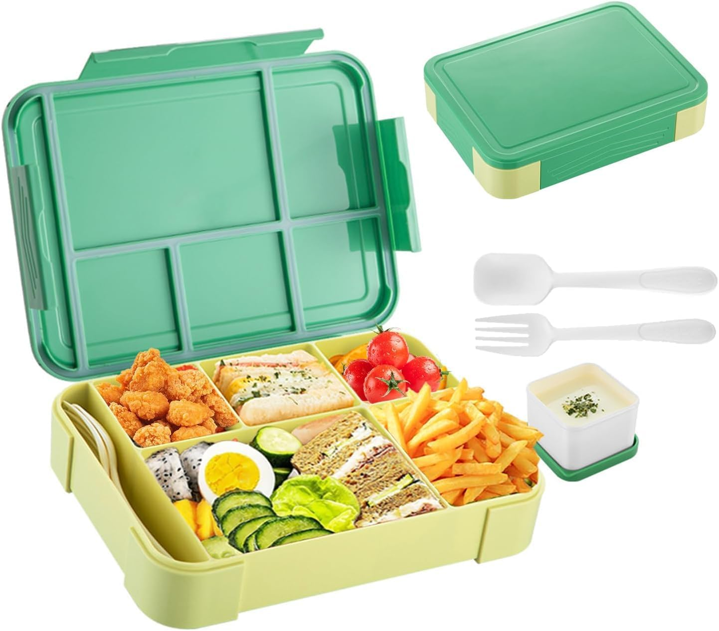 WADY Bento Lunch Box for Kids & Adults, Bento Box for Kids, Adult Lunchable Containers with 6 Compartments & Tablewares, Durable, Microwave/Dishwasher Safe, Bpa-Free,Perfect for On-The-Go Meal (Green)