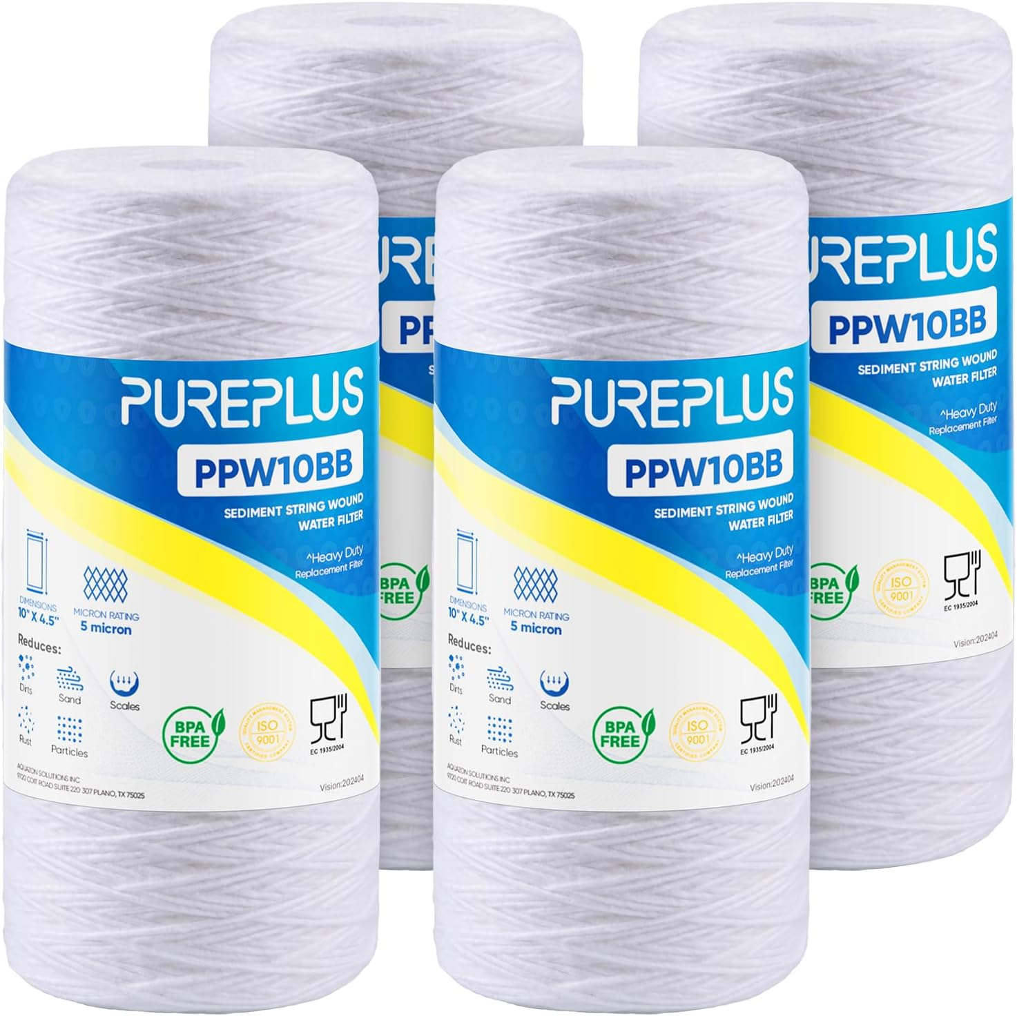 PUREPLUS 5 Micron 10 X 4.5 Whole House String Wound Sediment Filter for Well Water, Replacement Cartridge for 84637, WPX5BB97P, PC10, 355214-45, 355215-45, WP10BB97P, WP5BB97P, 4Pack image number 4