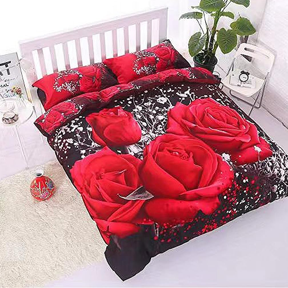 3 Piece Quilt Cover Set Queen Size Red Rose Star Bedding Set Blanket Animal and Flower Style 3D Digital Printed Duvet Cover Set Home Decor 2 Pillow Cases with 1 Comforter Cover (210 * 210 Cm) (15070) image number 2