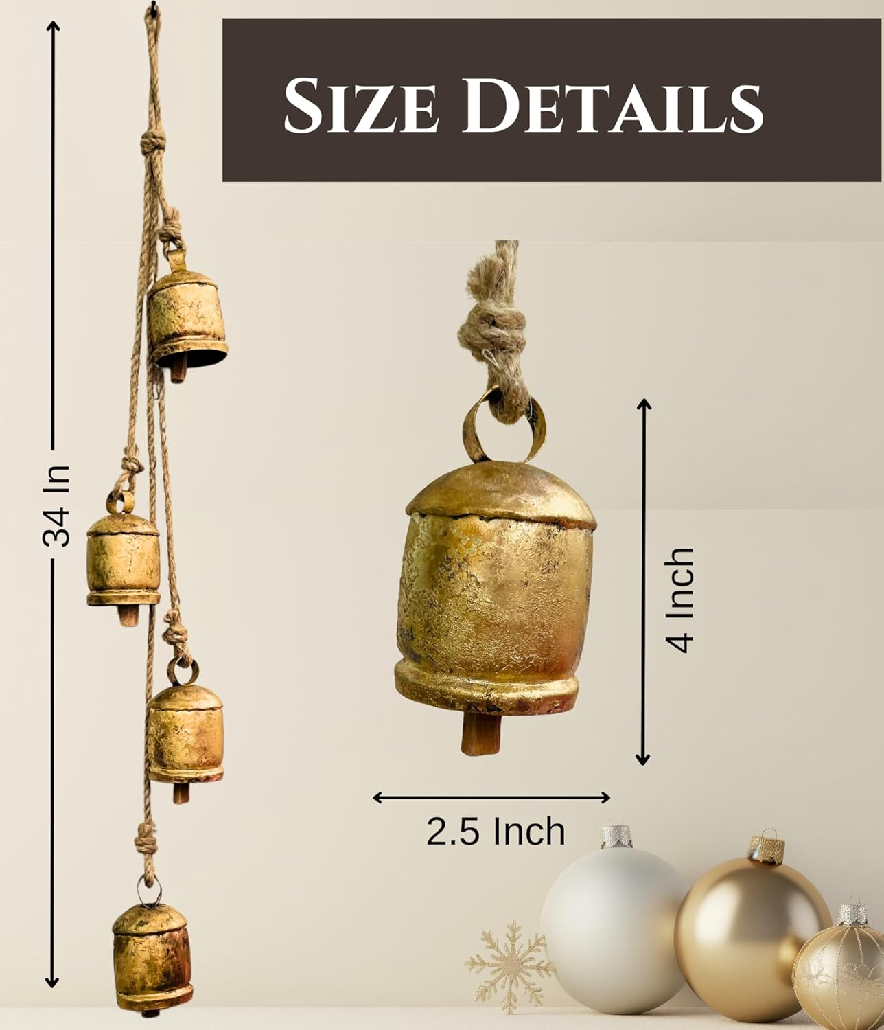 Mie Creation 4 Rustic Bells Cluster, Vintage Christmas Cow Bells on Jute Rope, Handmade Metal Wall Hanging Decor, Iron Cowbells, Christmas Decorations Ornaments for Holidays- Antique Gold 30 Inch image number 5
