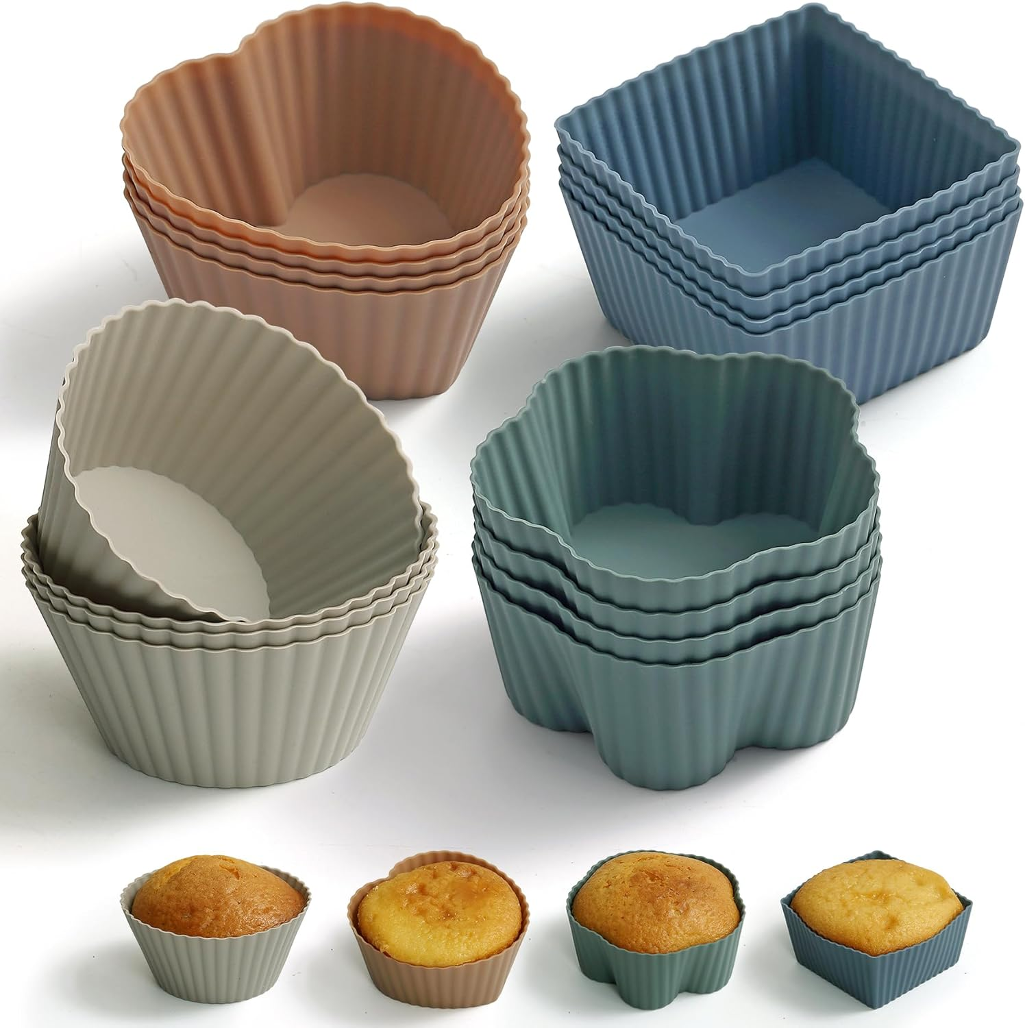 Berglander Reusable Silicone Baking Cups Pack of 16, Heart Flower round Square Muffin Liners, Multicolor, No Smell, Food Grade & Grease-Proof Baking Cups