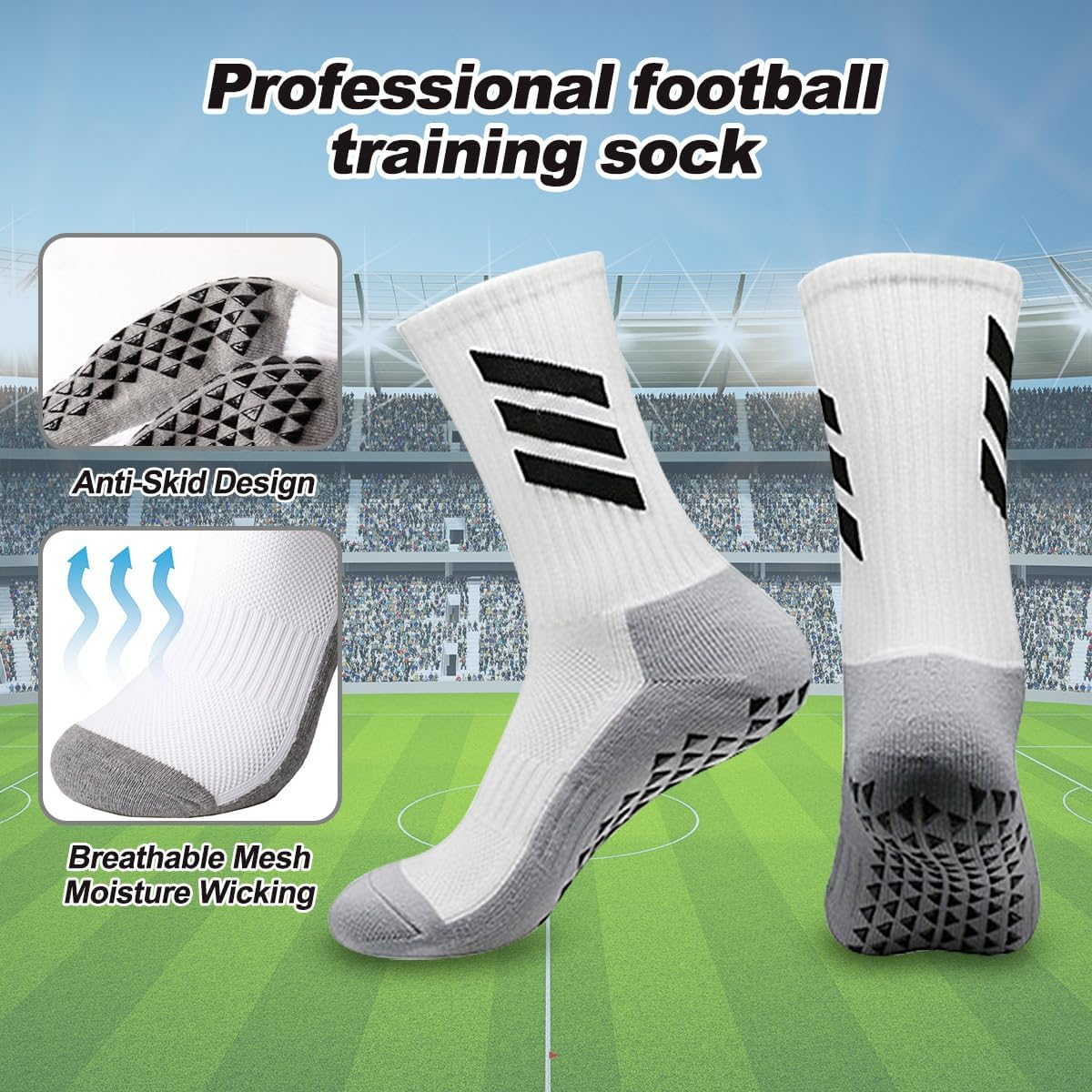 ZANZER Soccer Grip Men Socks, anti Slip Athletic Socks Non-Skid Football Basketball Socks with Grip Pads - Black + White image number 4