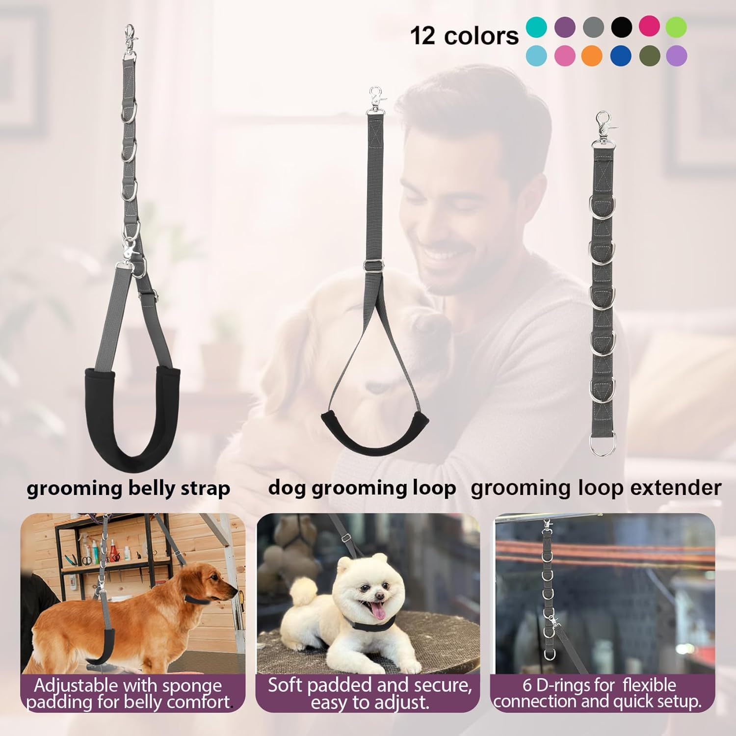 Dog Grooming Belly Straps Belly Band & Loop Extension Set - Adjustable & Comfortable Grooming Tools for Pet Grooming Tables Arms and All Dog Breeds (Gray) - Black image number 6