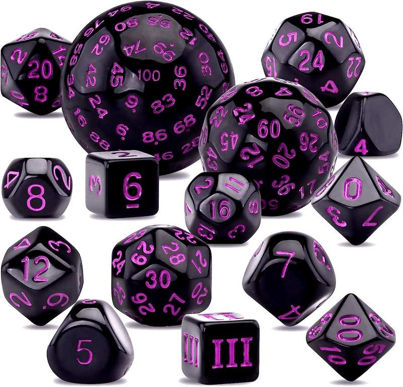 AUSTOR 15 Pieces Complete Polyhedral Dice Set D3-D100 Game Dice Set with a Leather Drawstring Storage Bag for Role Playing Table Games(Black & Purple)