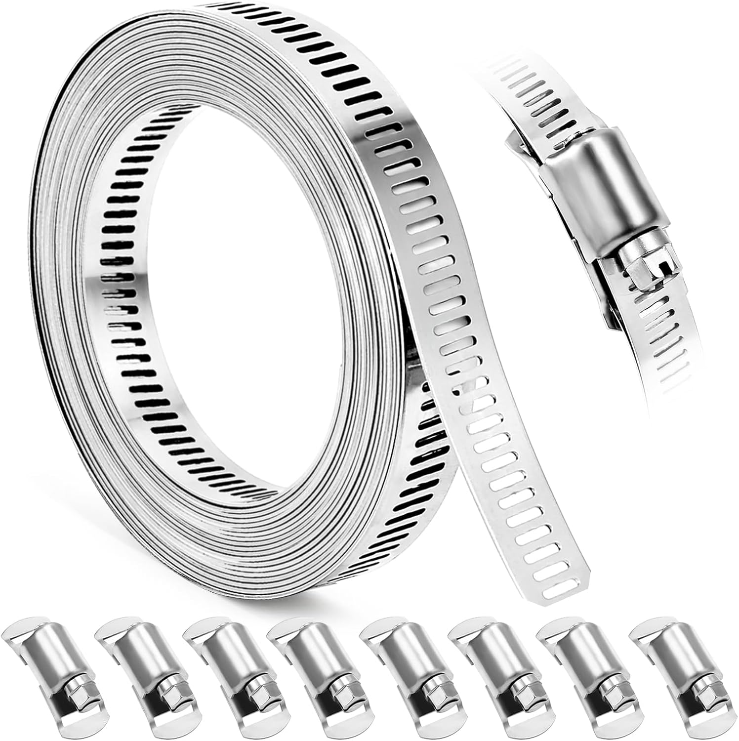 Hose Clamp, DIY 13 FT Metal Strapping with Holes + 8 Fasteners, Large Adjustable Worm Gear Hose Clamps Stainless Steel Pipe Clamps Band Clamp for Pipe Automotive Mechanical Applications