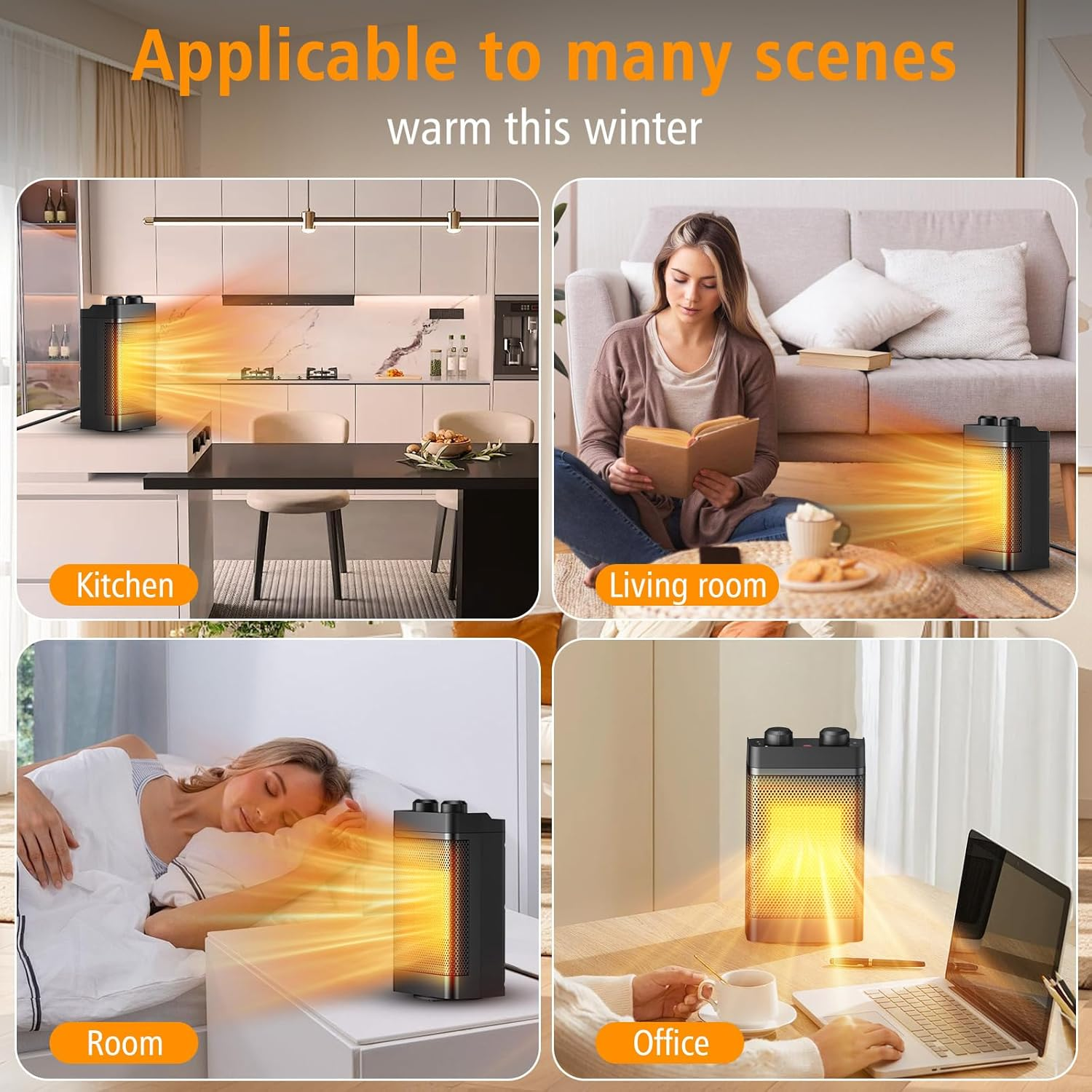 Electric Heater, Fan Heatet, Heaters for Home Low Energy Silent, 3-Mode Oscillating PTC Ceramic Electric Space Heater, Overheating & Tip-Over Protection, Space Heater for Office, Home,Bedroom (Black) image number 5