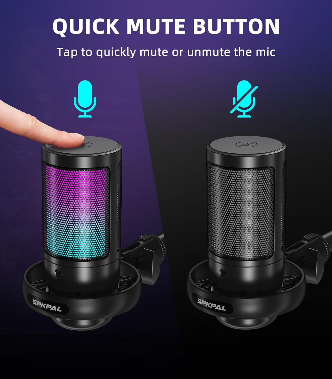 SPKPAL USB Microphone PC, RGB Gaming Mic with Mute Button, Condenser Microphone with Gain Knob & Monitoring Jack for Recording, Streaming, Podcasting image number 2