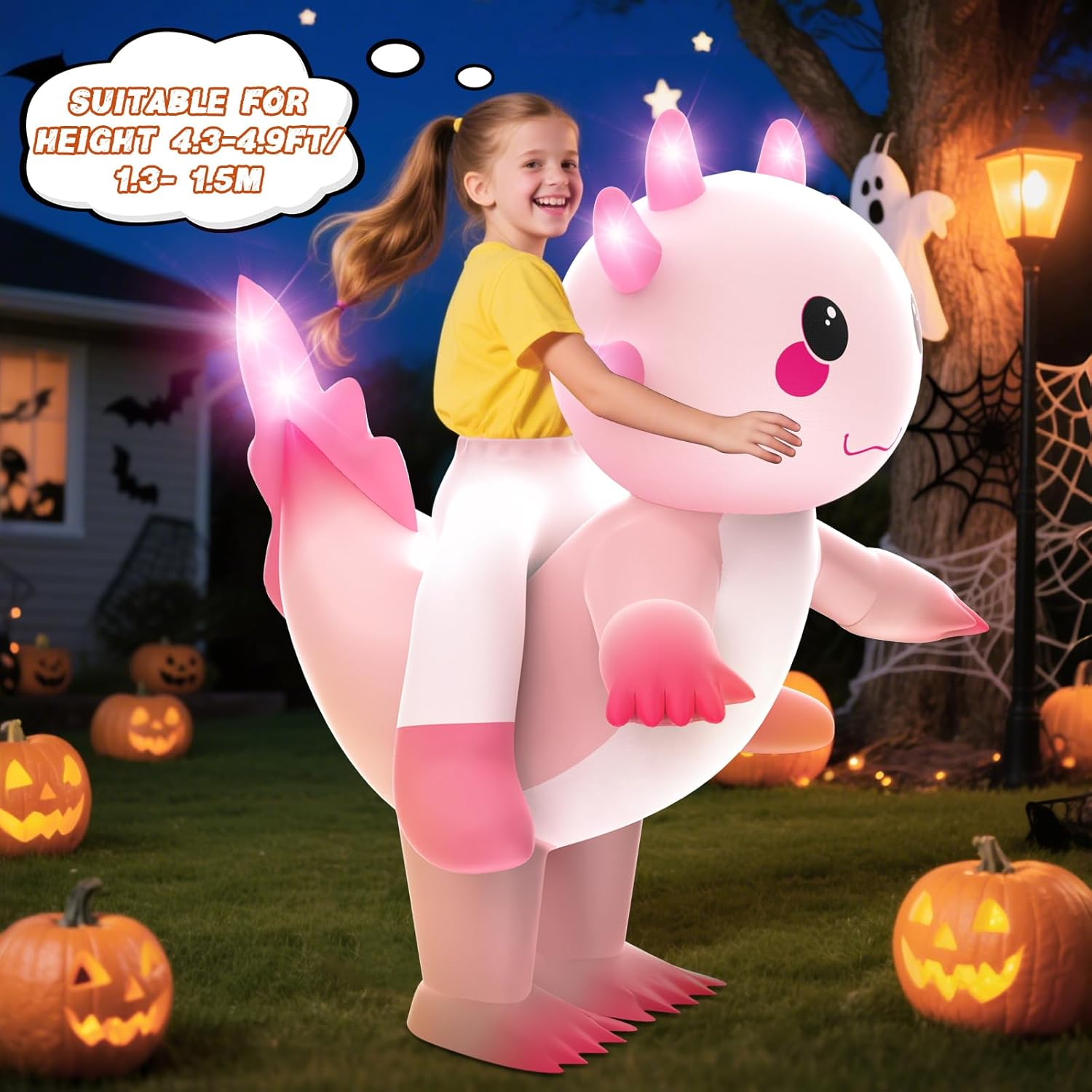 Inflatable Costume for Kids,Inflatable Axolotl Riding Costume with Lights,Halloween Glow in the Dark Blow up Costume for Girls Boys Cosplay Parties