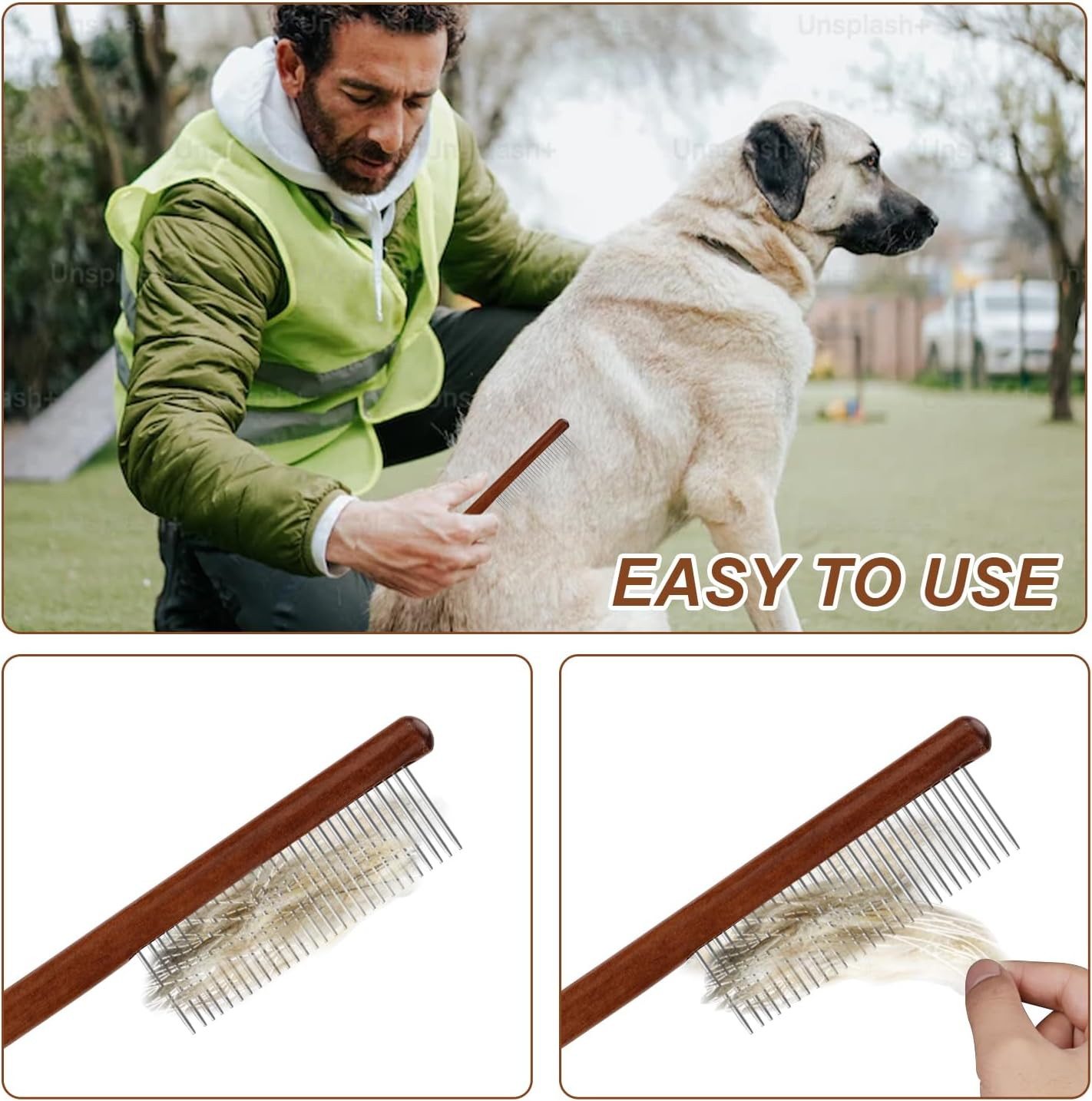 3Pcs Grooming Comb for Pets, Solid Wood Cat Combs with Wide & Narrow Rounded-Tip Teeth Pet Hair Comb Metal Flea Lice Comb for Cats Dogs Rabbits Tangled Hair (3 Sizes)