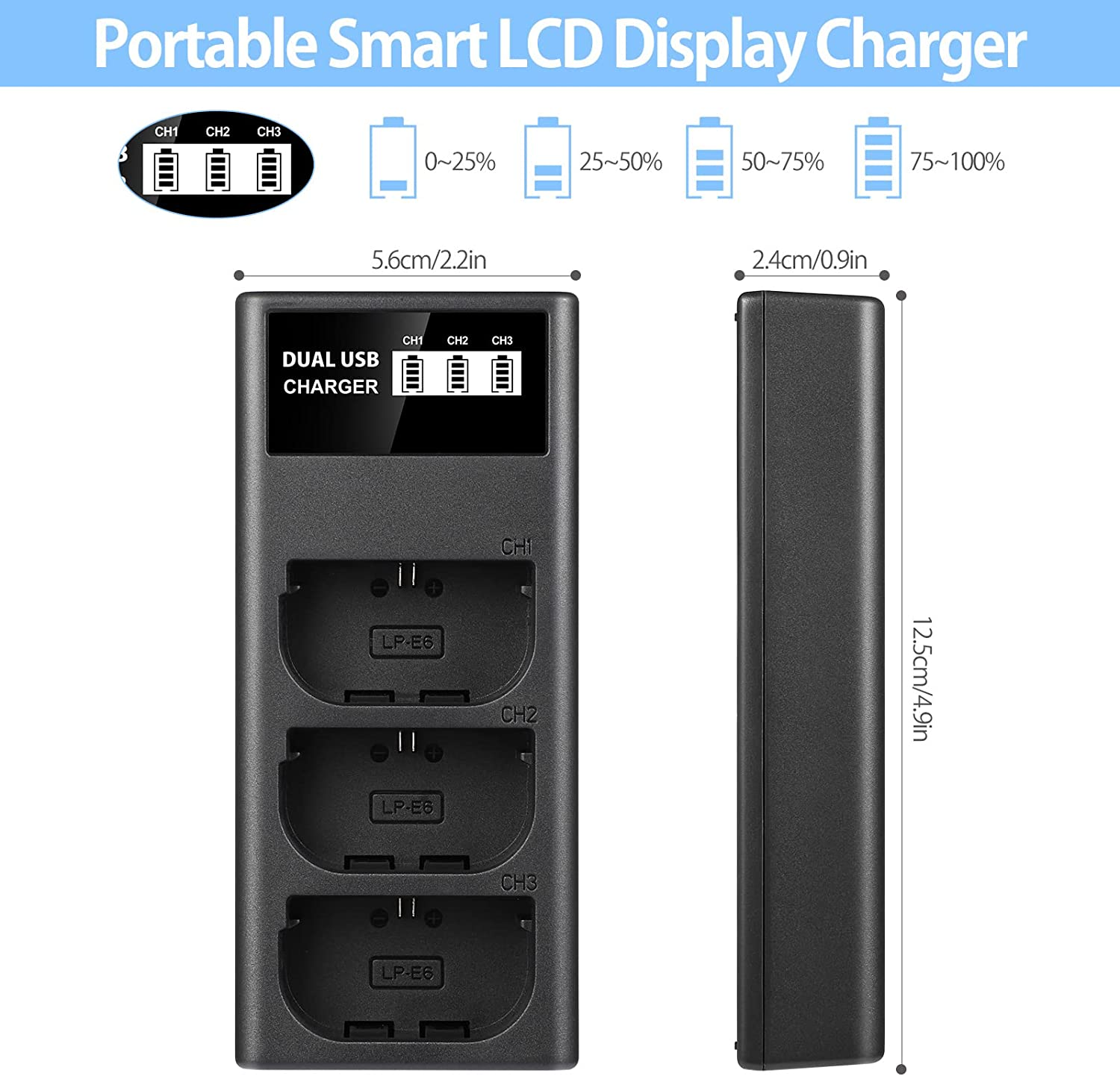 ENEGON LP-E6 Triple Slot Charger for Canon LP-E6, LP-E6N and Canon EOS 5D Mark II/III/IV, 5DS, 5DSR, 6D, 7D, 7D Mark II, 60D, 70D and More image number 1