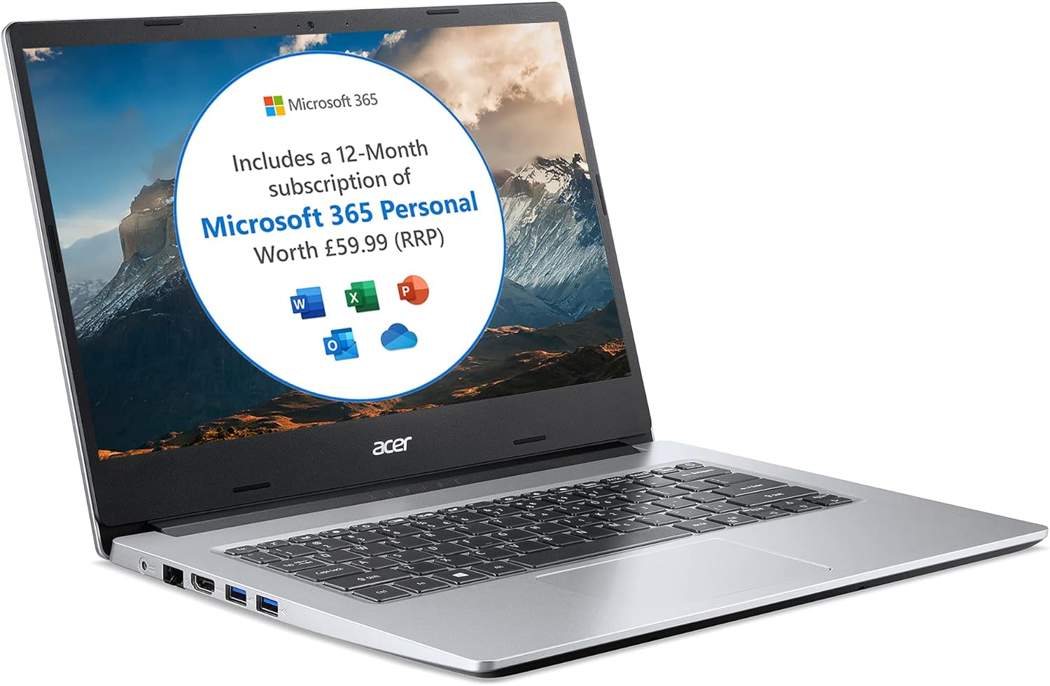 Acer Aspire 1 A114-33 14 Inch Laptop - (Intel Celeron N4500, 4GB, 64GB, Full HD Display, Microsoft Office 365, Windows 11 in S Mode, Silver) image number 5