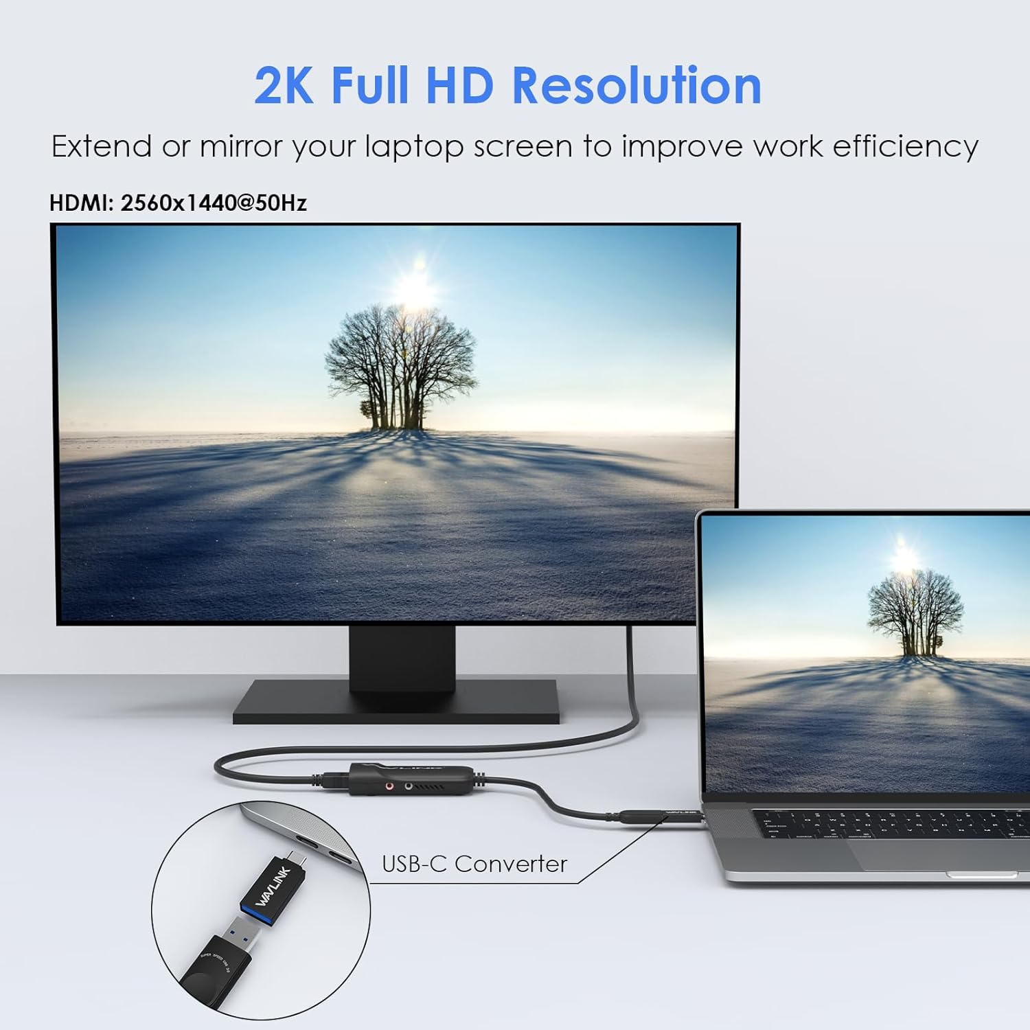 WAVLINK Universal USB 3.0 or USB-C to HDMI Adapter, Displaylink Chips External Video Card 2K Display Monitor,Supports 2560 &times; 1440 Resolution with Audio Port for Windows&Mac OS 10.14 or Latest&Linux image number 1