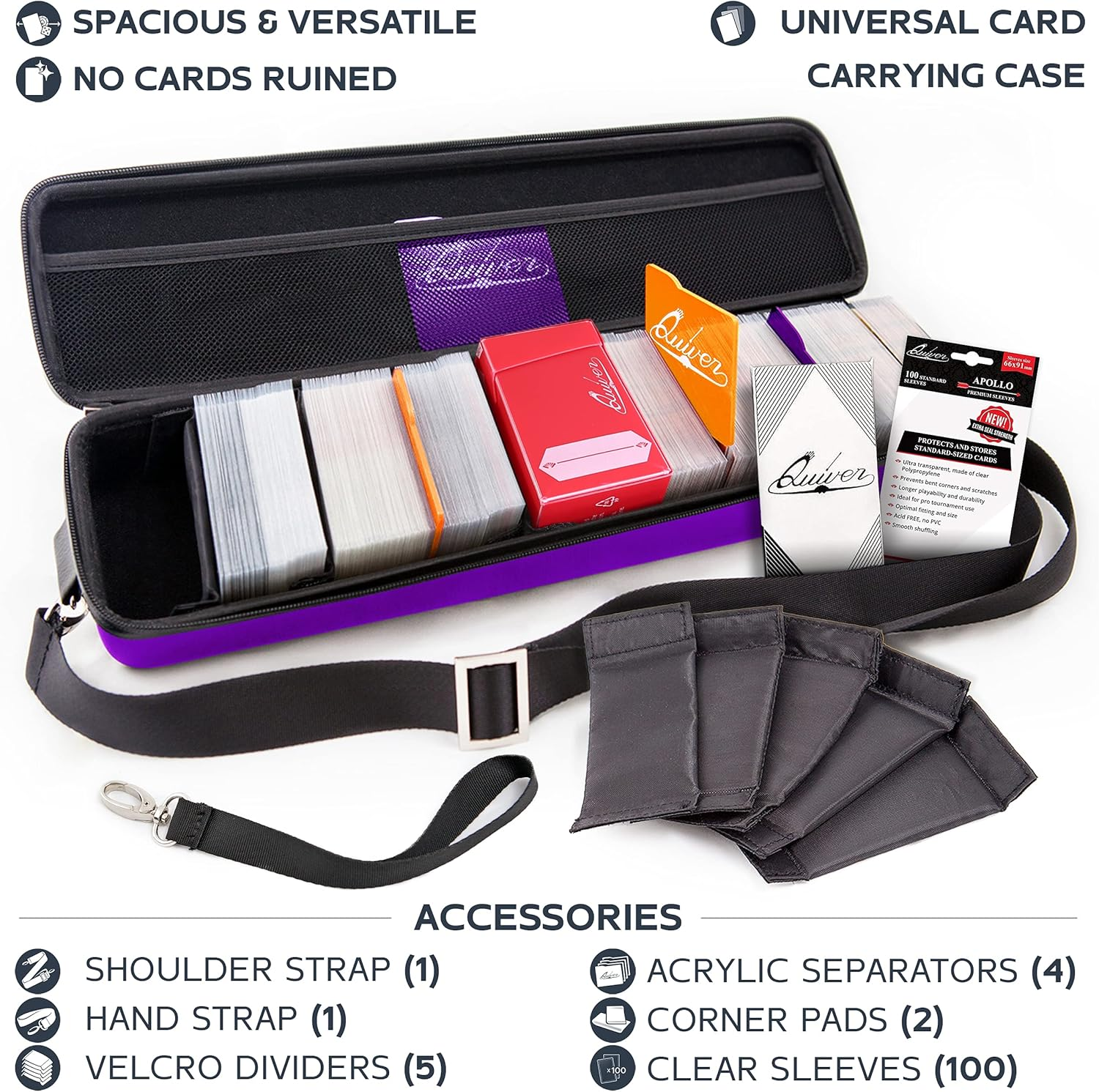 Quiver Time Purple Quiver Card Carrying Case - TCG Cards Deck Box Holder for Trading Cards, MTG Bag Playing Card Case (+Wrist & Shoulder Strap, Dividers, Separators, Corner Pads + 100 Apollo Sleeves) image number 2