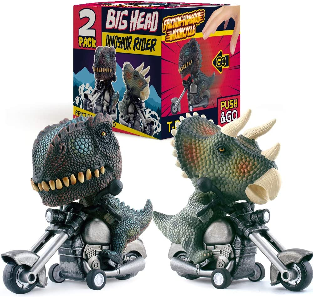 DINOBROS Dinosaur Toy Cars 2 Pack Friction Powered Motorcycle Game T-Rex and Triceratops Monster Dino Toys for Boys Age 3,4,5,6,7 image number 2