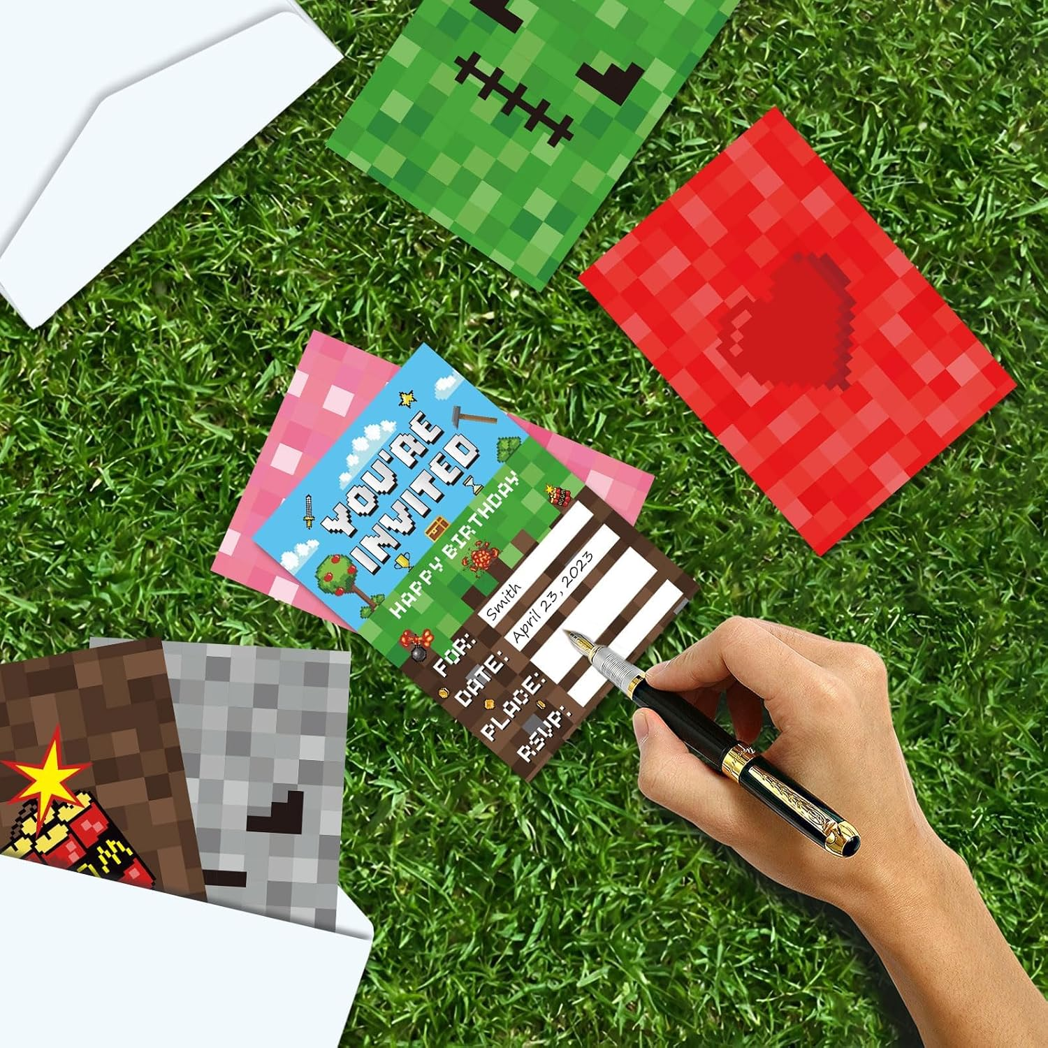 30 Sets Pixel Party Invitations with Envelopes Sticker Video Game Themed Party Invitations Invite Card Vintage Style Design for Kids Teens Adults Pixel Theme Party Favors Video Game Party Decorations image number 6