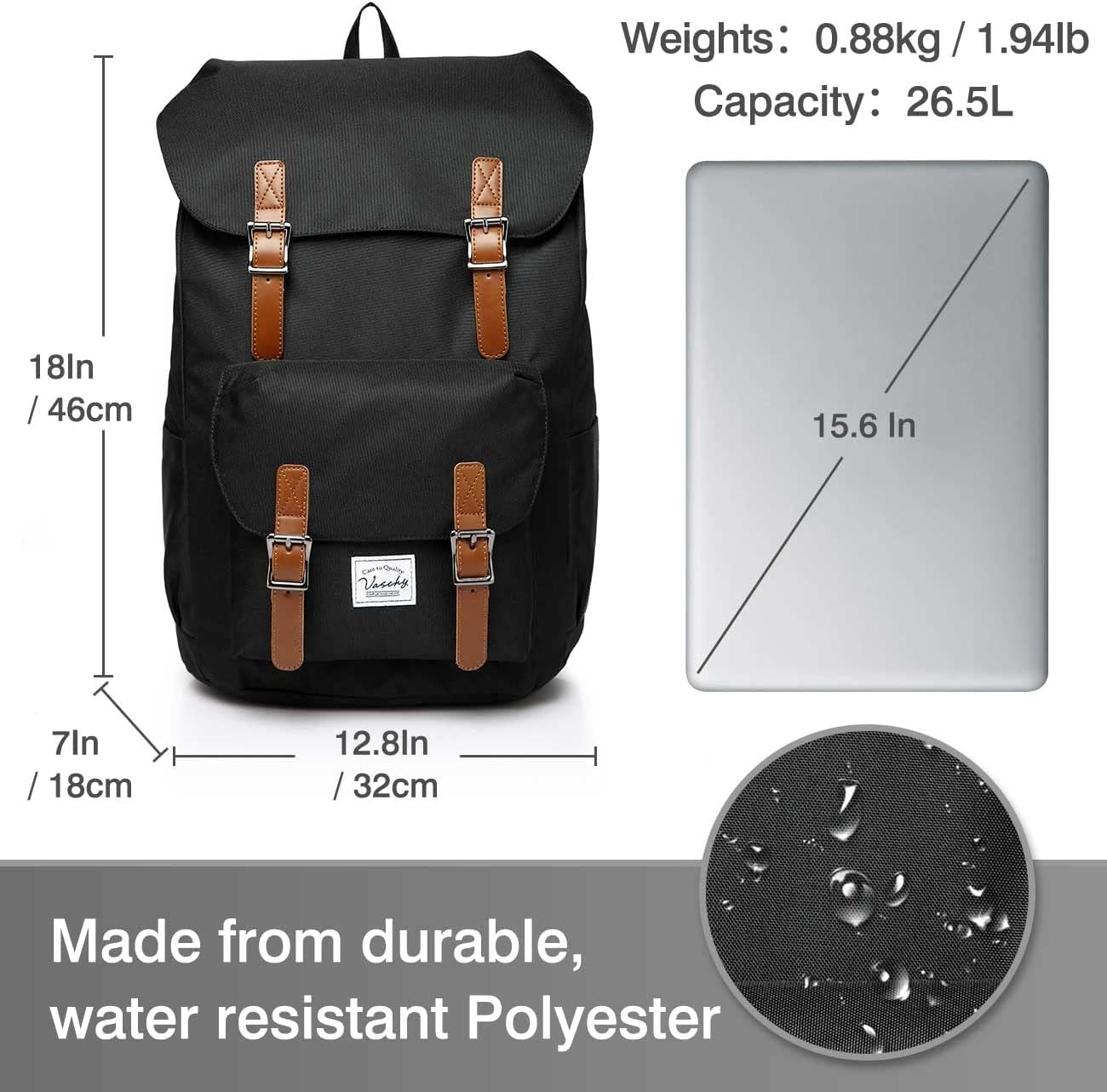Laptop Backpack for Men Women,Vaschy Vintage Large Casual School Daypack Lightweight Camping Rucksack Travel Backpack Bookbag With15.6In Laptop Sleeve Black image number 3