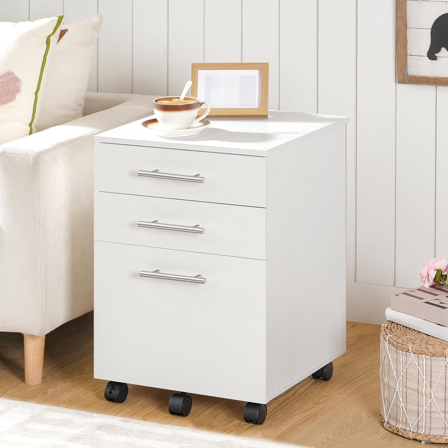 HOOBRO 3-Drawer File Cabinet, Wooden under Desk Filing Cabinet, Fits A4/Letter Size for Home Office, Small Rolling Storage Drawer Chest, Printer Stand with Drawers, White WW02WJ01G1