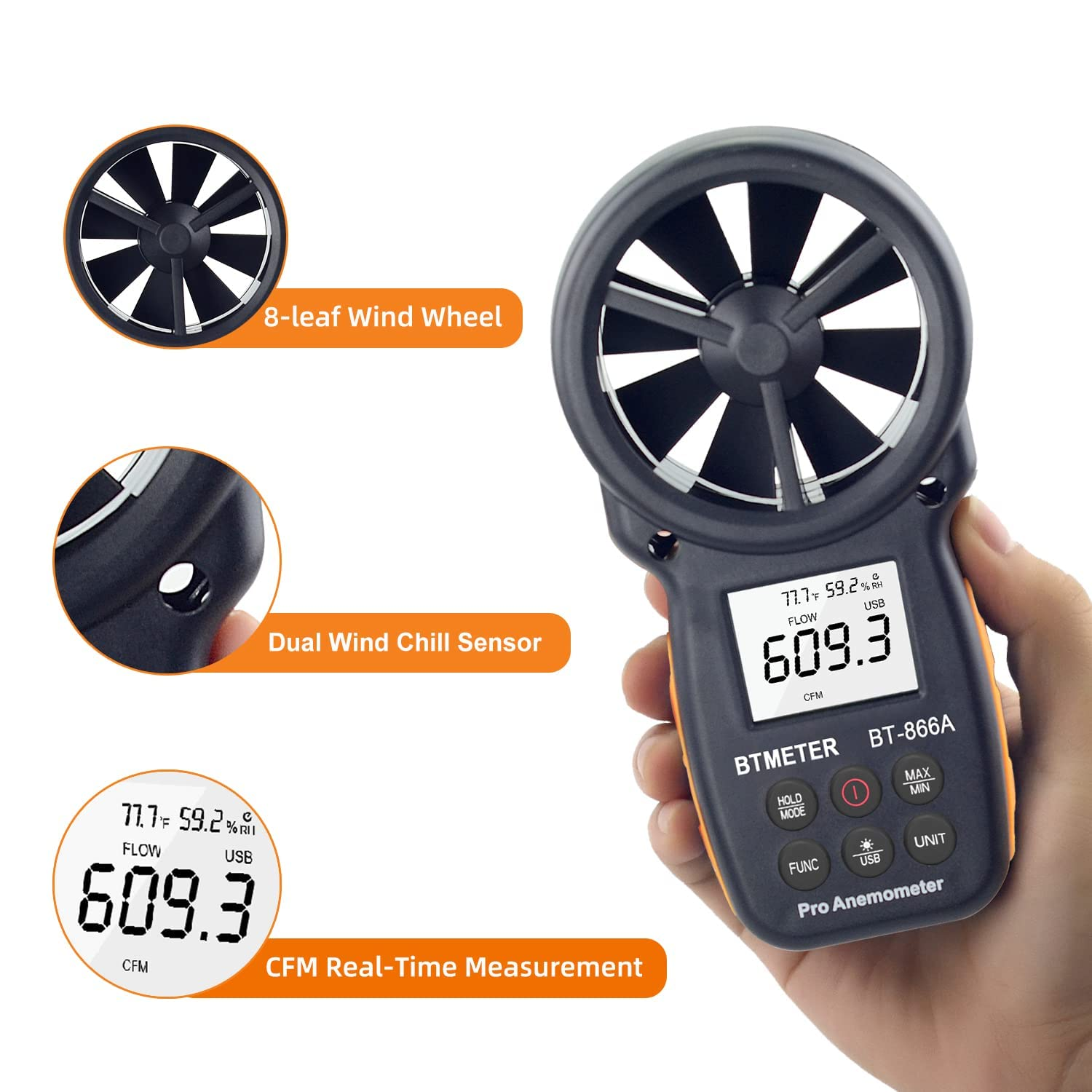 BTMETER BT-866A Pro Handheld HVAC Anemometer for CFM Air Flow, Wind Speed Meter Gauge Measures Wind Velocity Temp%Rh Dew Point with USB Sync to PC image number 1