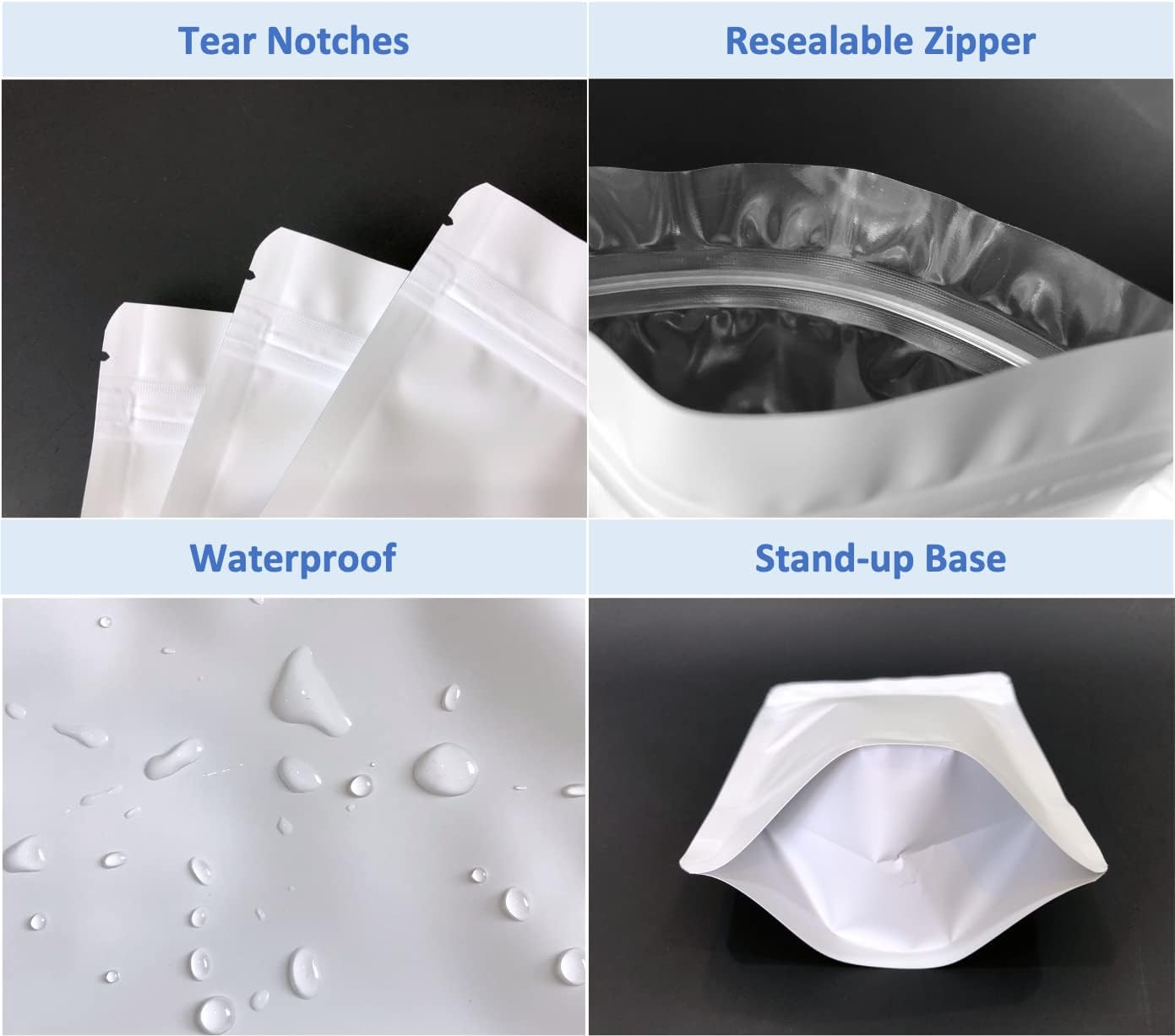 100 Pack Matte White Mylar Stand up Bags - 6.3X9.4 Inches Resealable Smell Proof Packaging Zipper Pouch, Heat Sealable Foil Sample Pouches for Food Storage image number 2