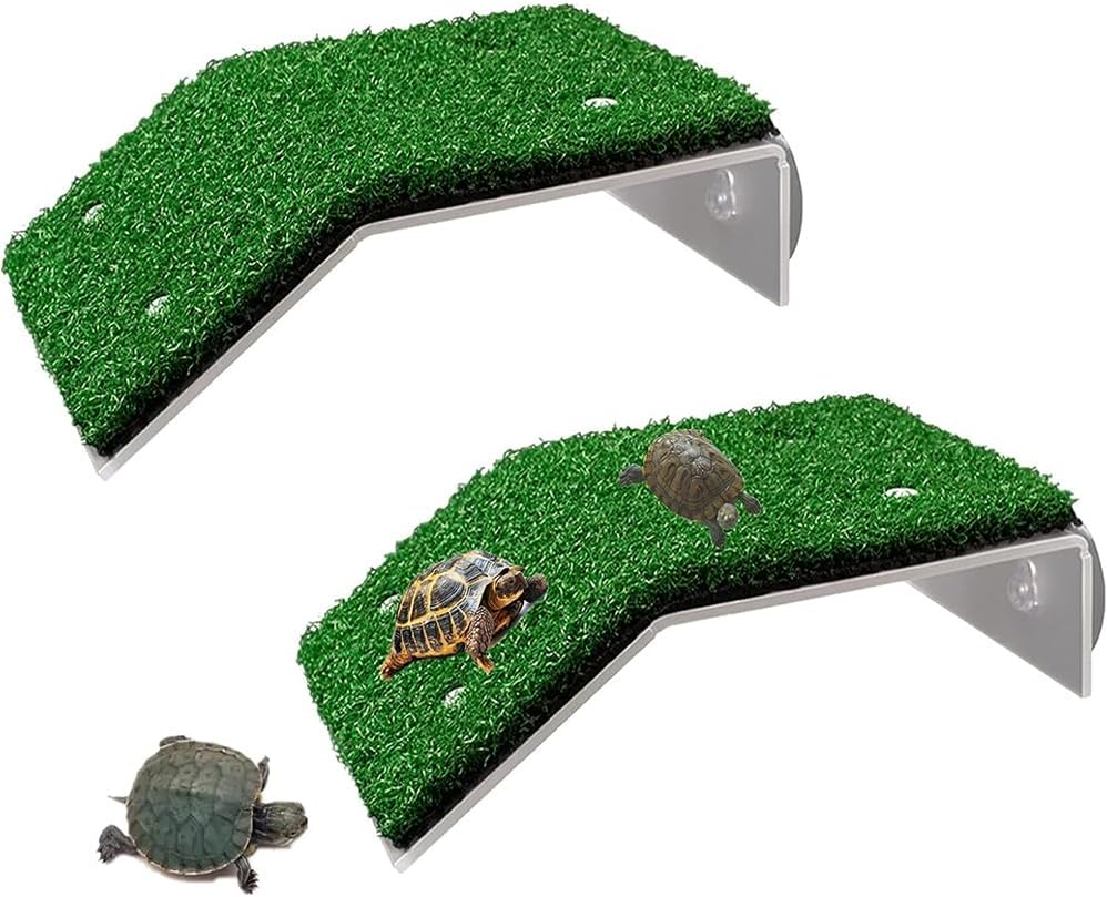 2PCS Turtle Basking Platform, Simulation Grass Turtle Ramp Tortoise Climbing Ladder for Aquarium,Lawn Tortoise Climbing Ladder Turtles Resting Terrace for Reptile Frog Terrapin - Large