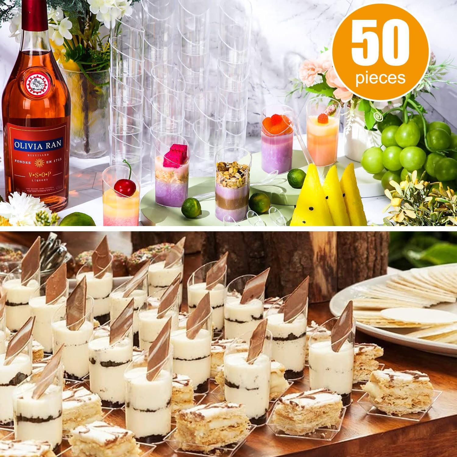 50-Pack Clear Dessert Cups with Spoons, 80Ml/2.7Oz Reusable Plastic Tasting Bowls for Appetizers Desserts Yogurt Mousse Jelly Pudding Ice Cream