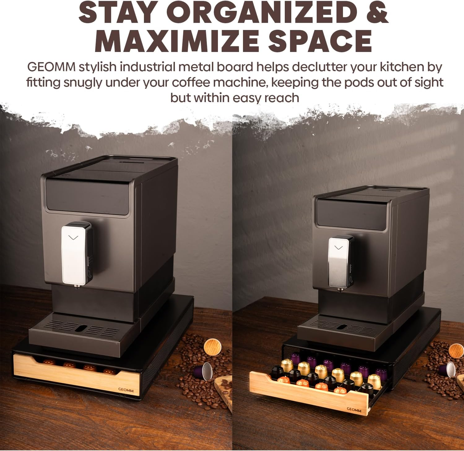 GEOMM Bamboo Storage Drawer for Nespresso Pods - 60 Capacity Metal Coffee Capsule Holder, Tea Organiser Tray - Coffee Machine Accessories image number 5