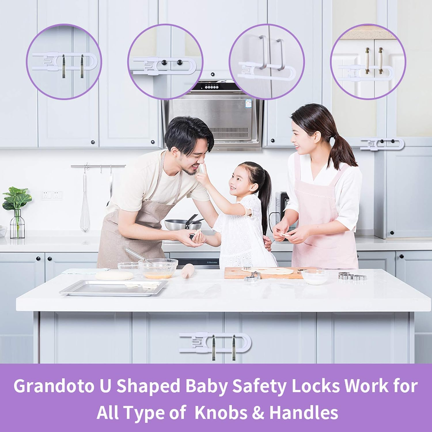 Sliding Cabinet Child Safety Locks-Grandoto U Slide Door Locking for Childproof Safe Latch & Baby Proofing Lock for Wardrobe,Kitchen,Bathroom,Drawer,Fridge,Cupboard Doors Knobs & Handles(10Pack White) image number 1