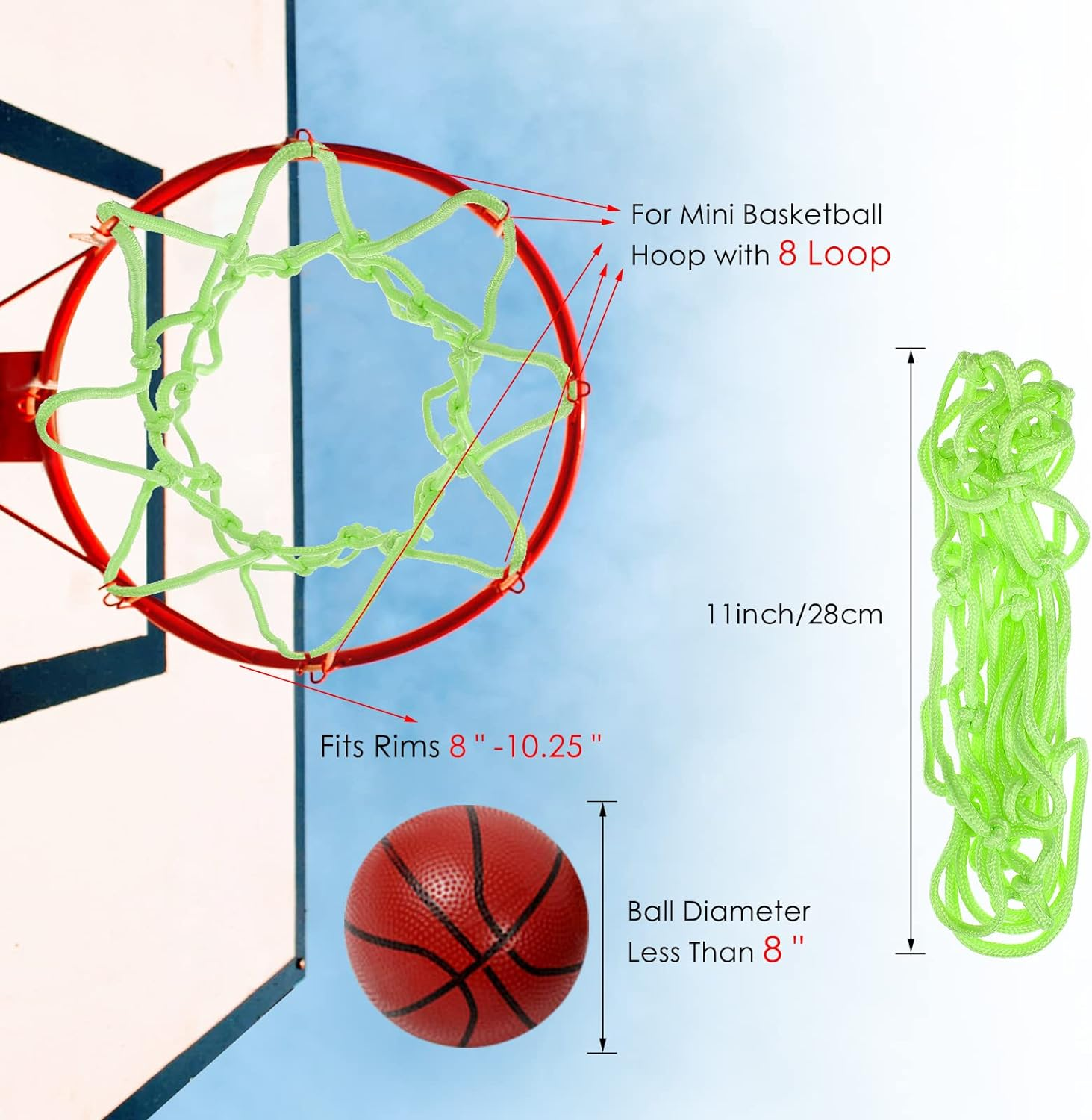 Nightlight Mini Basketball Net Glow 8 Loop Replacement Basketball Hoop Net Glow in the Dark Basket Ball Outdoor Portable Nylon Mesh for Children Outdoor Sun Powered Sports Gifts 8-10.25 Inch Rims image number 1