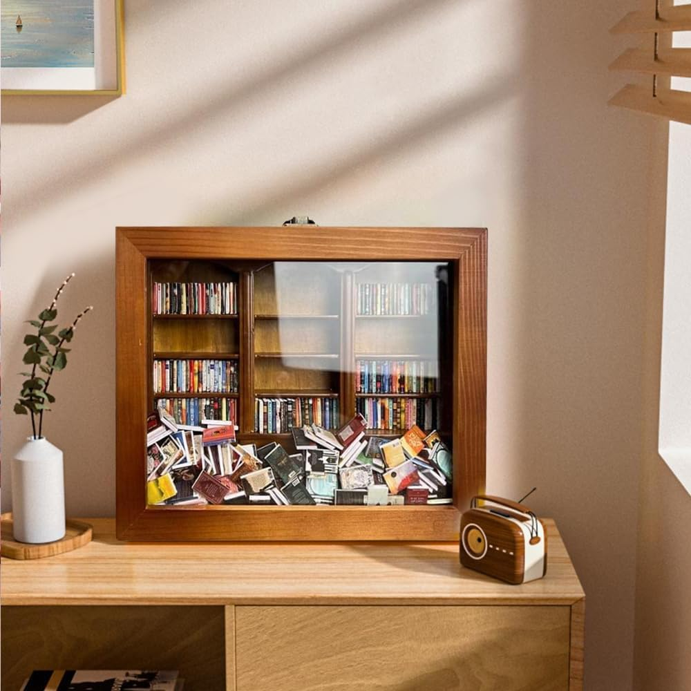 Shake Away Your Anxiety Bookshelf &ndash; Miniature Wooden Display Shelf with 200 Tiny Book Models, Anti-Anxiety Stress Reliever for Book Lovers, Unique Desk Decor for Home or Office image number 2