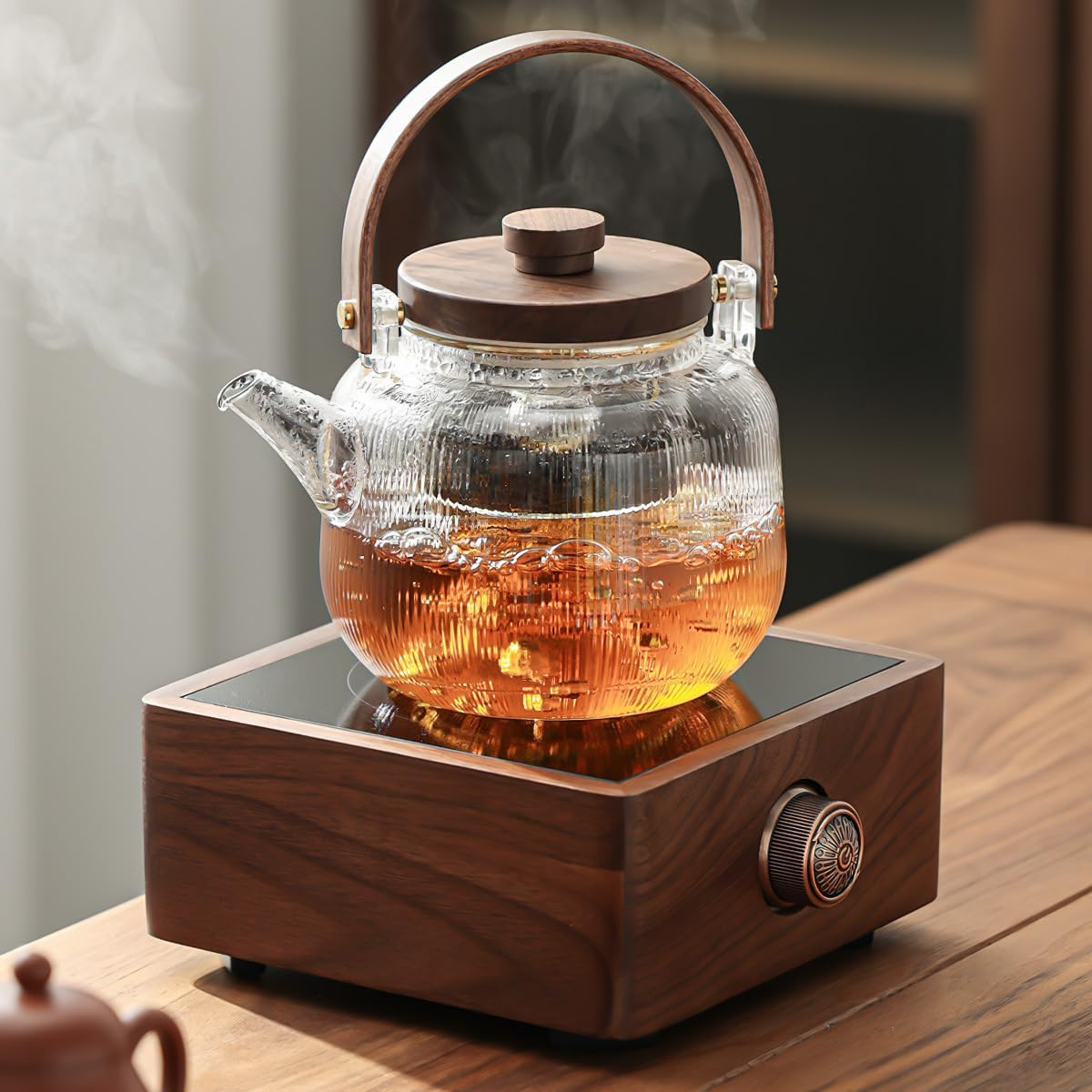 Borosilicate Clear Tea Pot, 1000Ml (33.8Oz) Glass Teapot Kettle with 2 Type Removable Infuser and Wooden Lid, Gas & Electric Stovetop Safe, for Blooming Flower Tea and Loose Leaf Tea