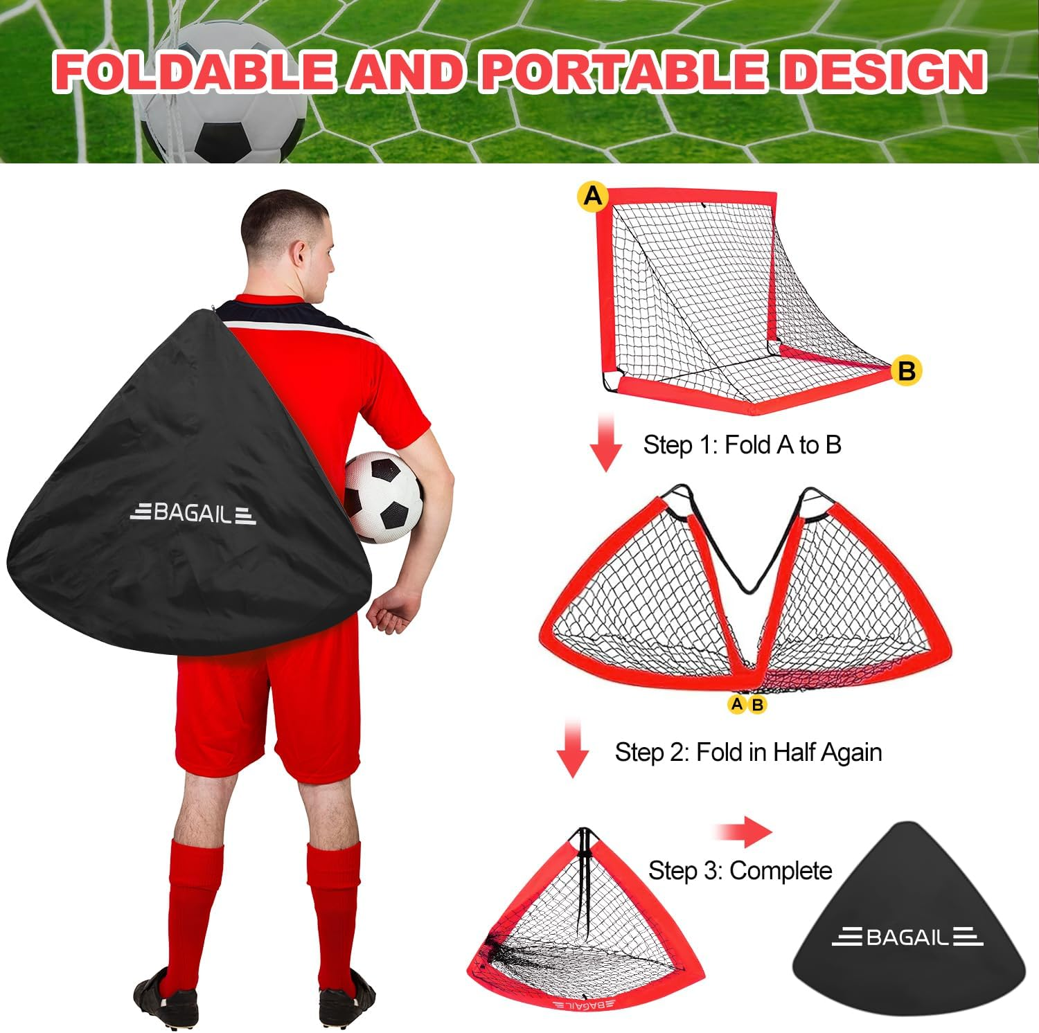 BAGAIL Football Goal, Pop up Football Net with Goal, Pegs and Portable Carry Bag, Easy to Assemble, Ideal for Garden Training and Leisure Games image number 5
