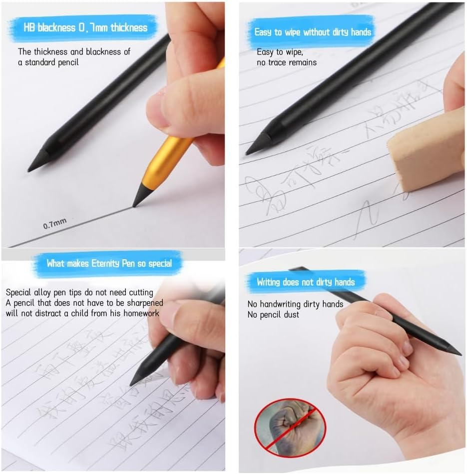 4 Pcs Forever Pencil,Metal Inkless Pencils Eternal, Metal Mechanical Pencil 0.5, Erasable Pens, Unlimited Writing Eternal Pencil, Infinity Reusable Mechanical Pencil with 4 Replaceable Nib
