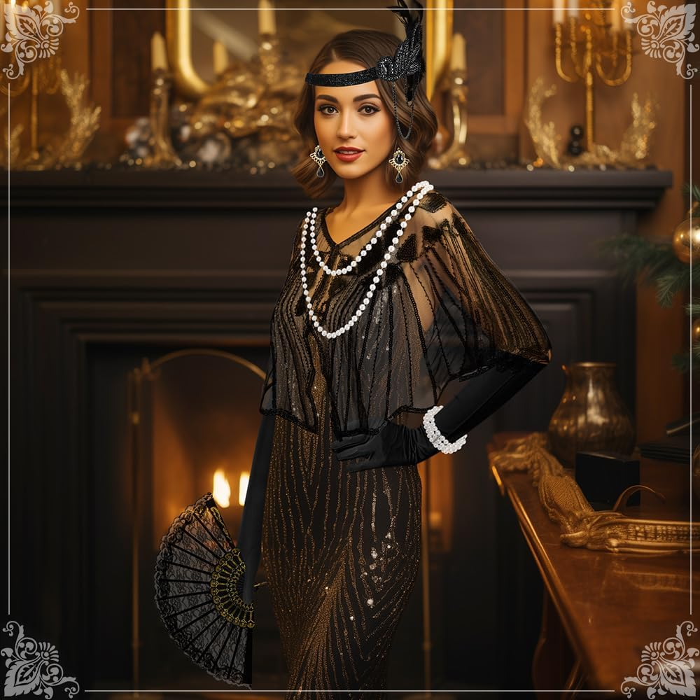 WOTOW 1920S Great Gatsby Accessories for Women - 9PCS Roaring 20S Gatsby Costume Set with Shawl Flapper Headband Necklace Extendable Plastic Holder Gloves Earrings Stockings for Party Halloween