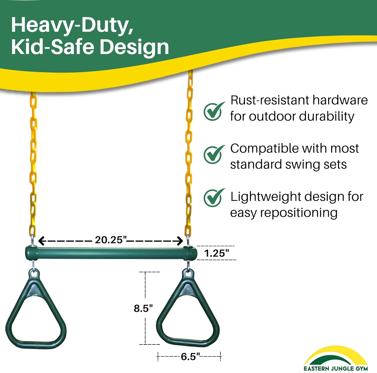 Eastern Jungle Gym Heavy-Duty Ring Trapeze Bar Combo Swing,Large 20" Trapeze Bar with Coated Swing Chains 43" Long image number 3