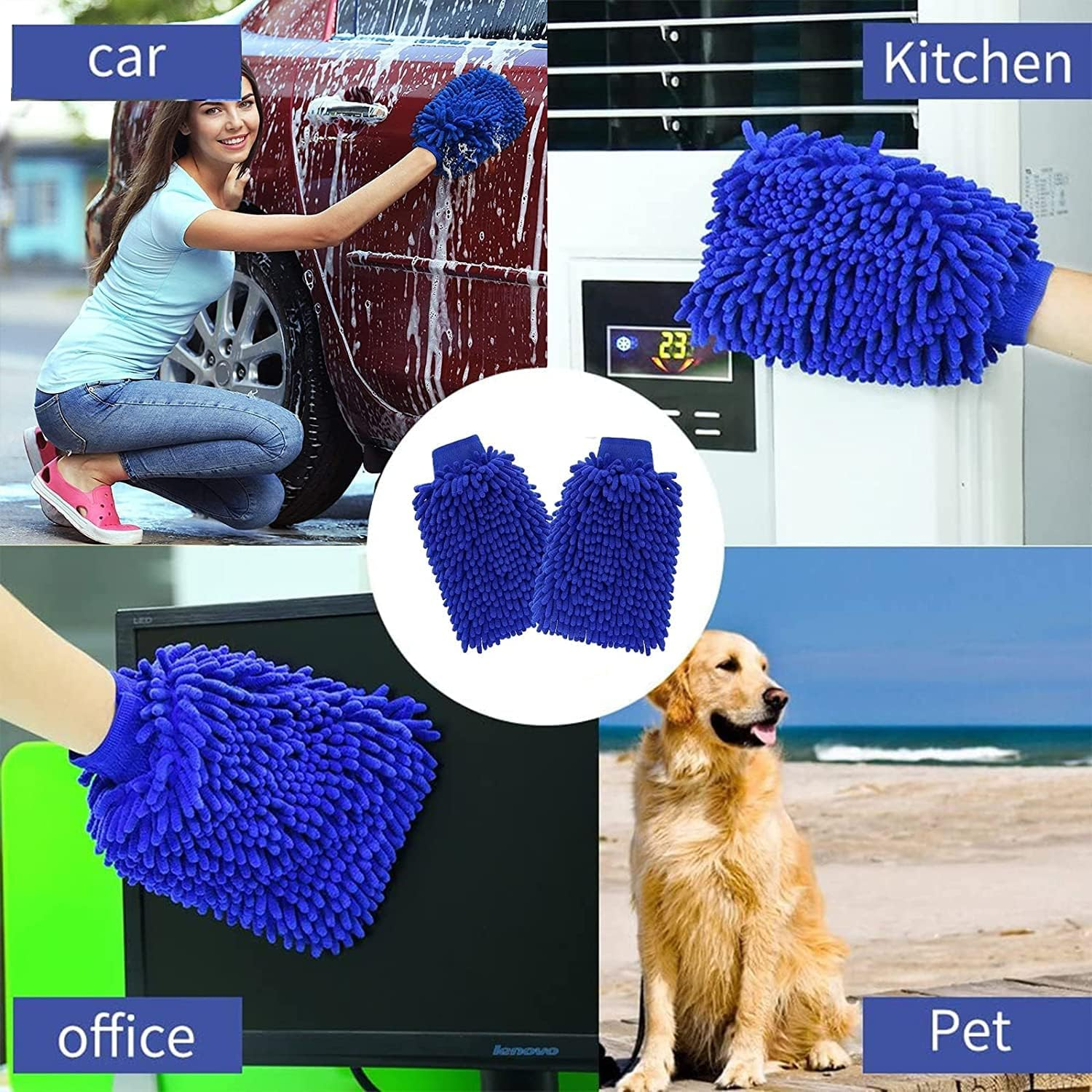 GPSTRJ Car Wash Mitt, 2-Pack Chenille Scratch-Free Microfiber Car Wash Mitt (9.4''X7.8''), Car Cleaning Glove, Drying Wash Mitt image number 1